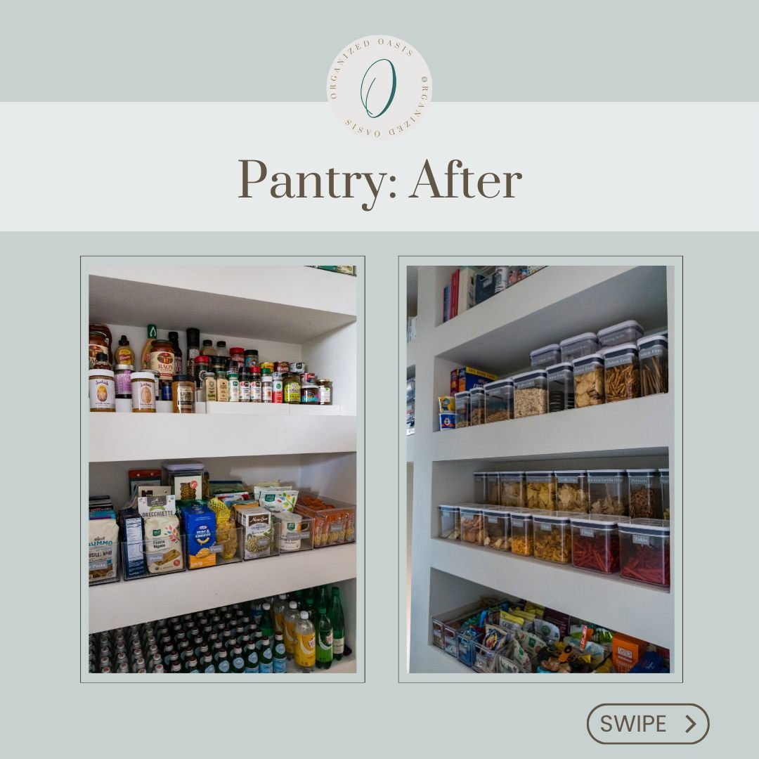 Check out this pantry transformation! 🌟 Our client was in need of a refresh, so we repurposed bins and added new ones for a cleaner, easier system. Plus, we created specific categories for her gluten-free kid. And guess what? We even carved out spac