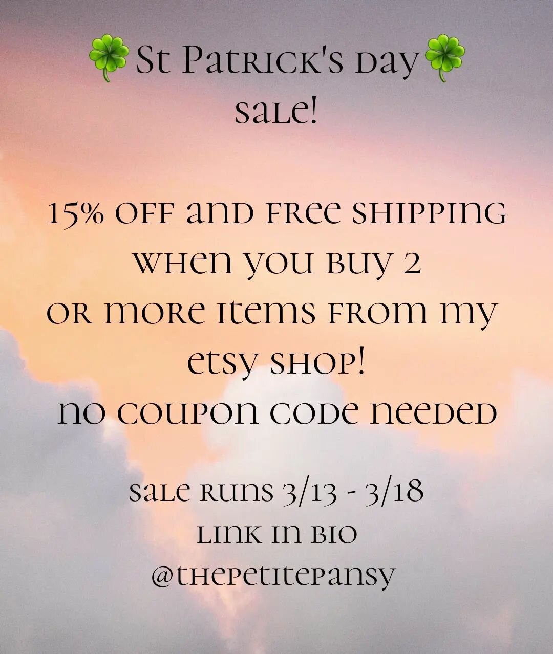 In celebration of Saint Patricks Day, I am offering 15% off 2 items or more in my shop! Plus free shipping!? 😱
No coupon code needed. Link to shop in my bio ❤
.
.
.
#stpatricksday #stpattysday #irish #kissmeimirish #etsyshop #etsydeal #15off #sale #