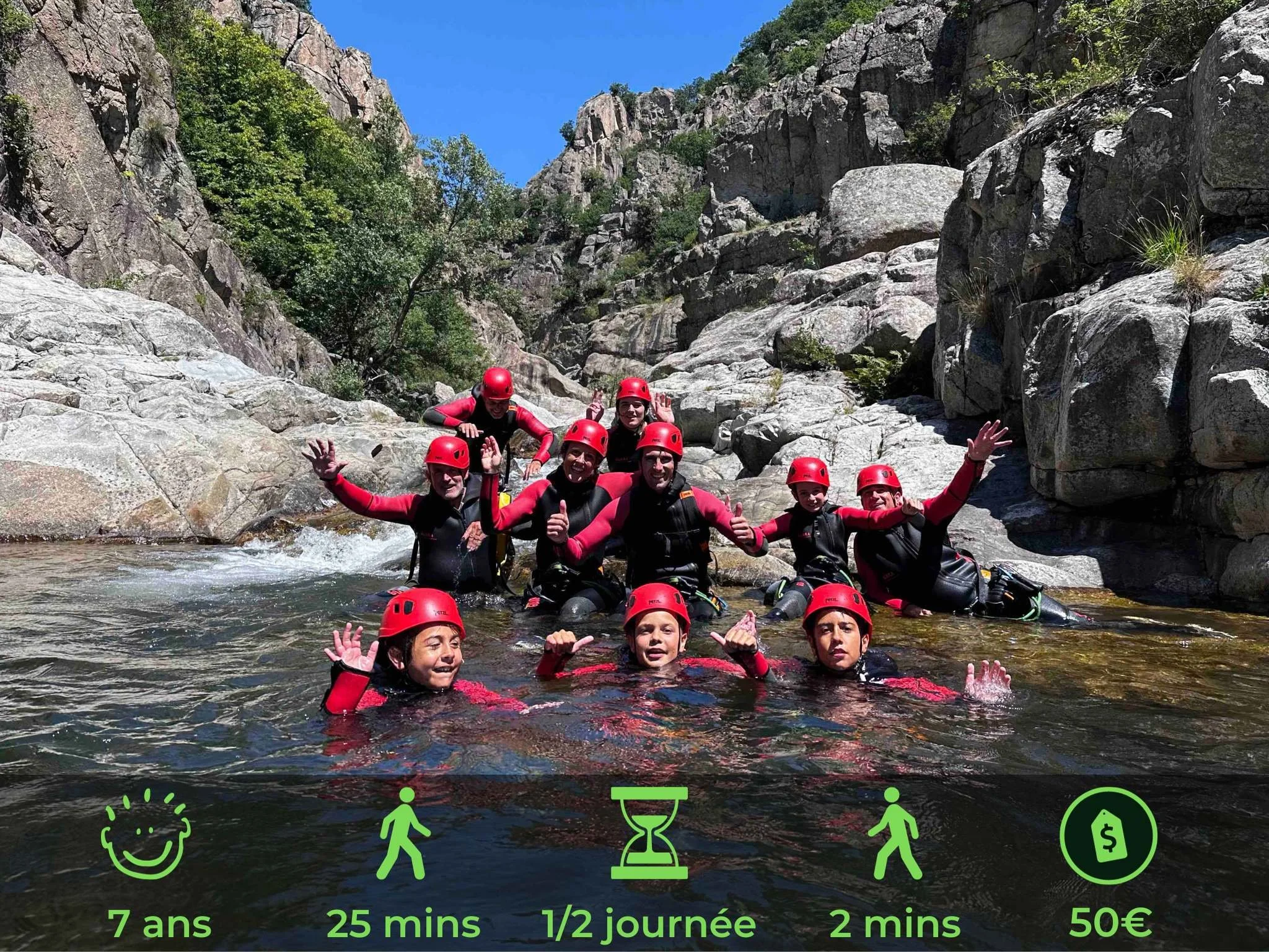 Groupe de personnes lorsqu'elles font du canyoning dans une rivière entourée de rochers et de végétation, tous portants des casques rouges.