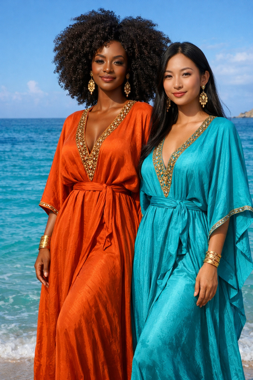 Two women standing on a beach in colorful, elegant dresses with gold jewelry, with the ocean and blue sky in the background.