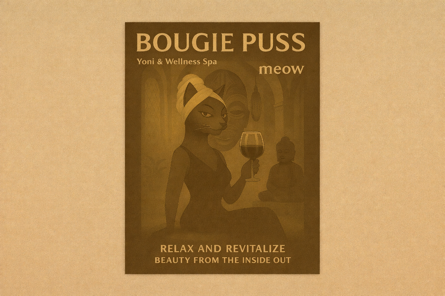 A promotional poster for Bougie Puss Yoni & Wellness Spa featuring an illustrated anthropomorphic cat with a towel wrapped around its head, holding a glass of red wine, with a serene background including other figures and spa elements. The text promotes relaxation and revitalization with the phrase '
