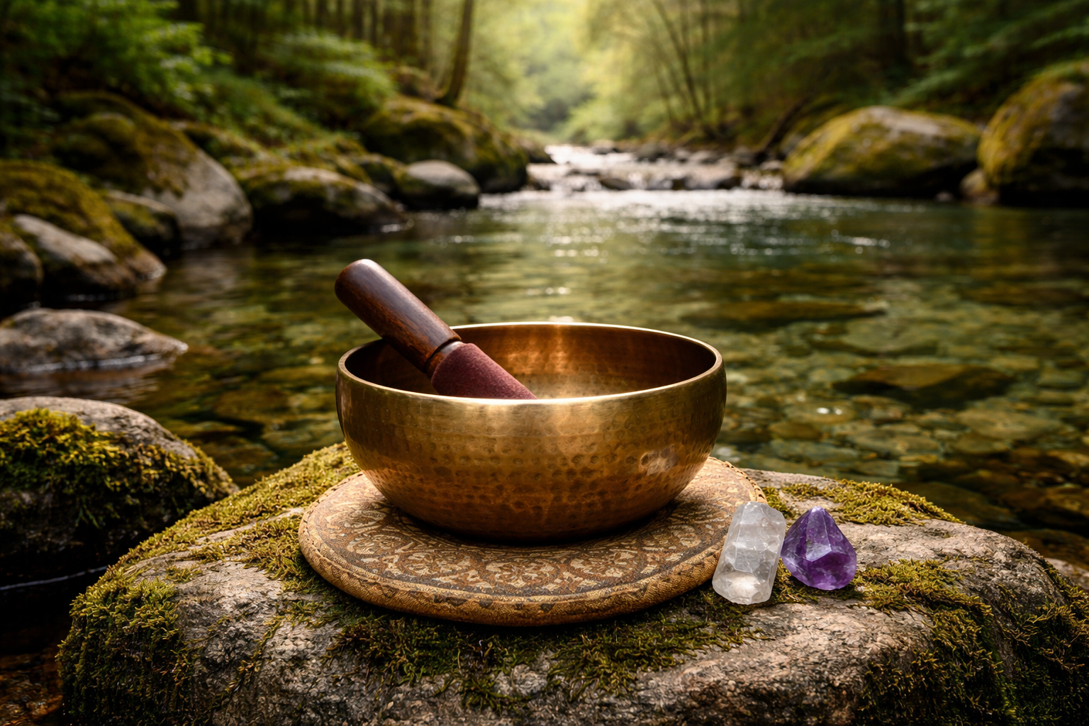 A singing bowl with a mallet resting on a moss-covered rock by a river in a forest.