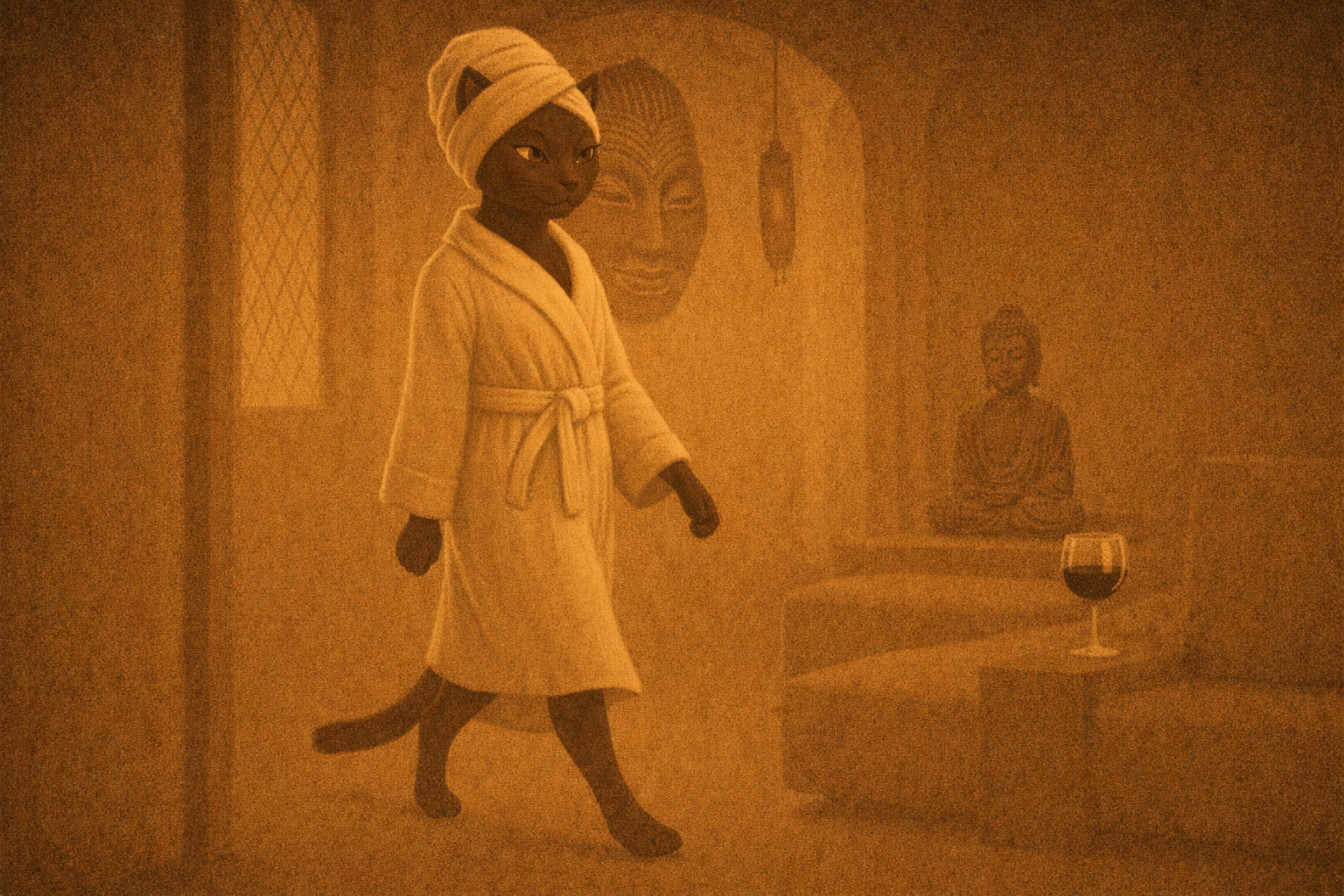 Animated cat with dark fur, wearing a white bathrobe and towel wrapped on head, walking in a room decorated with various portraits on the wall, and a glass of red wine on the table.