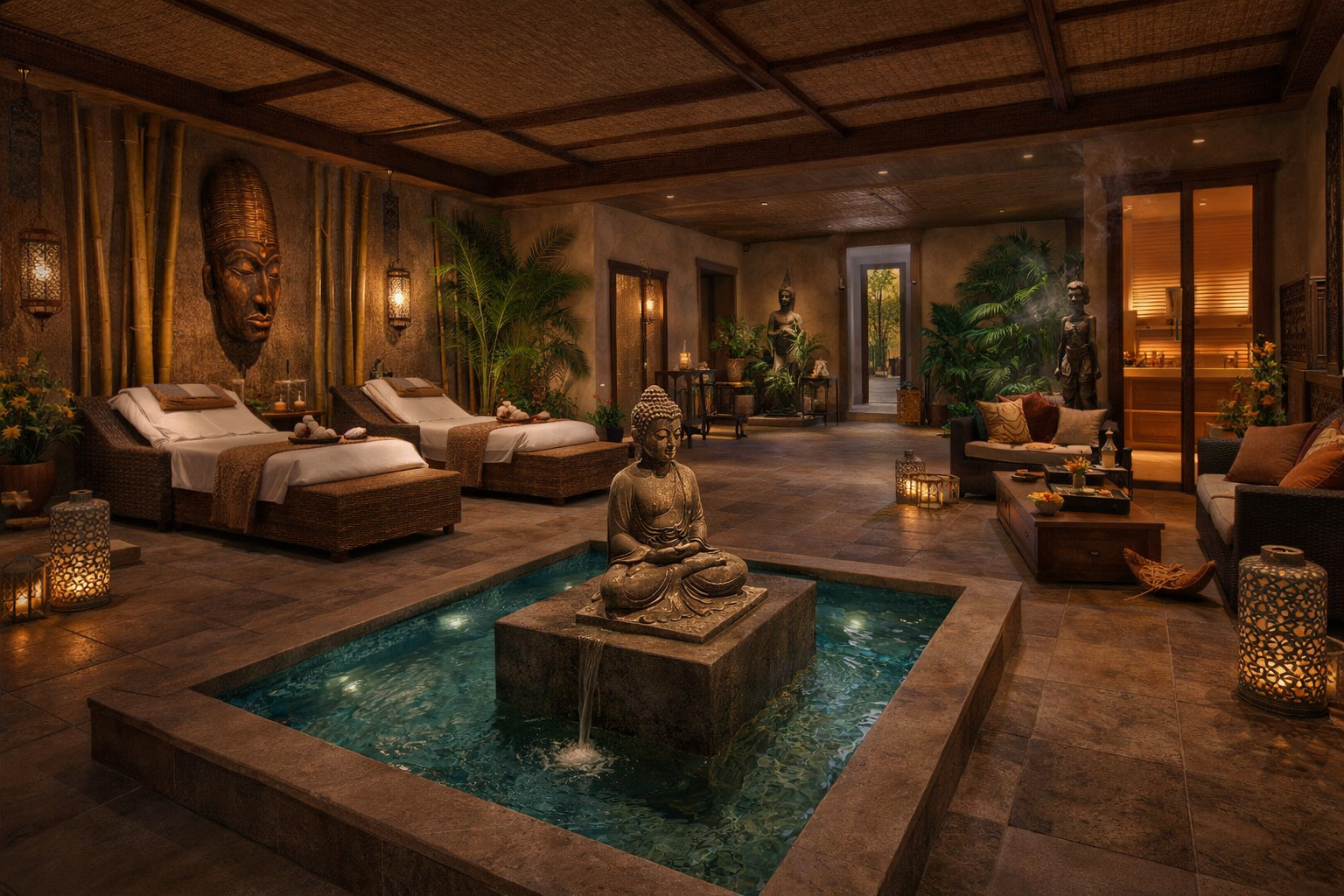 Luxurious indoor spa room with Buddha statues, tatami mats, lounging beds, lush greenery, and warm lighting.