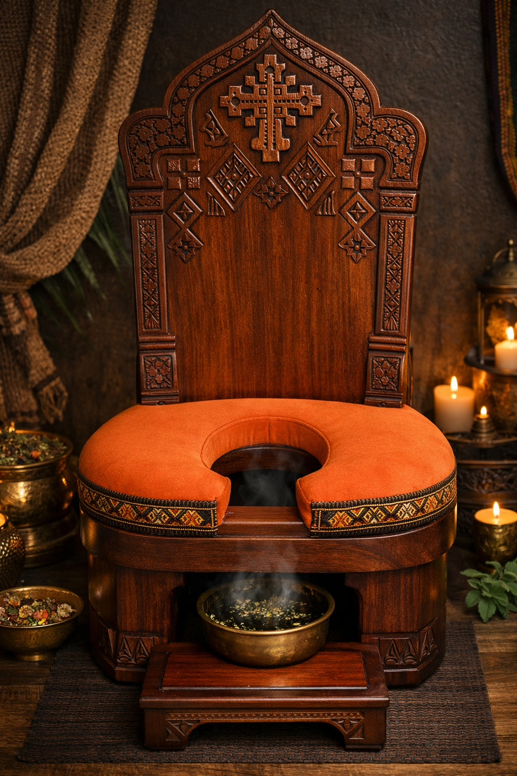 Ornate wooden throne with a high backrest, carved with crosses and geometric patterns, and a red cushioned seat with embroidery, in a dimly lit room with candles and drapes.