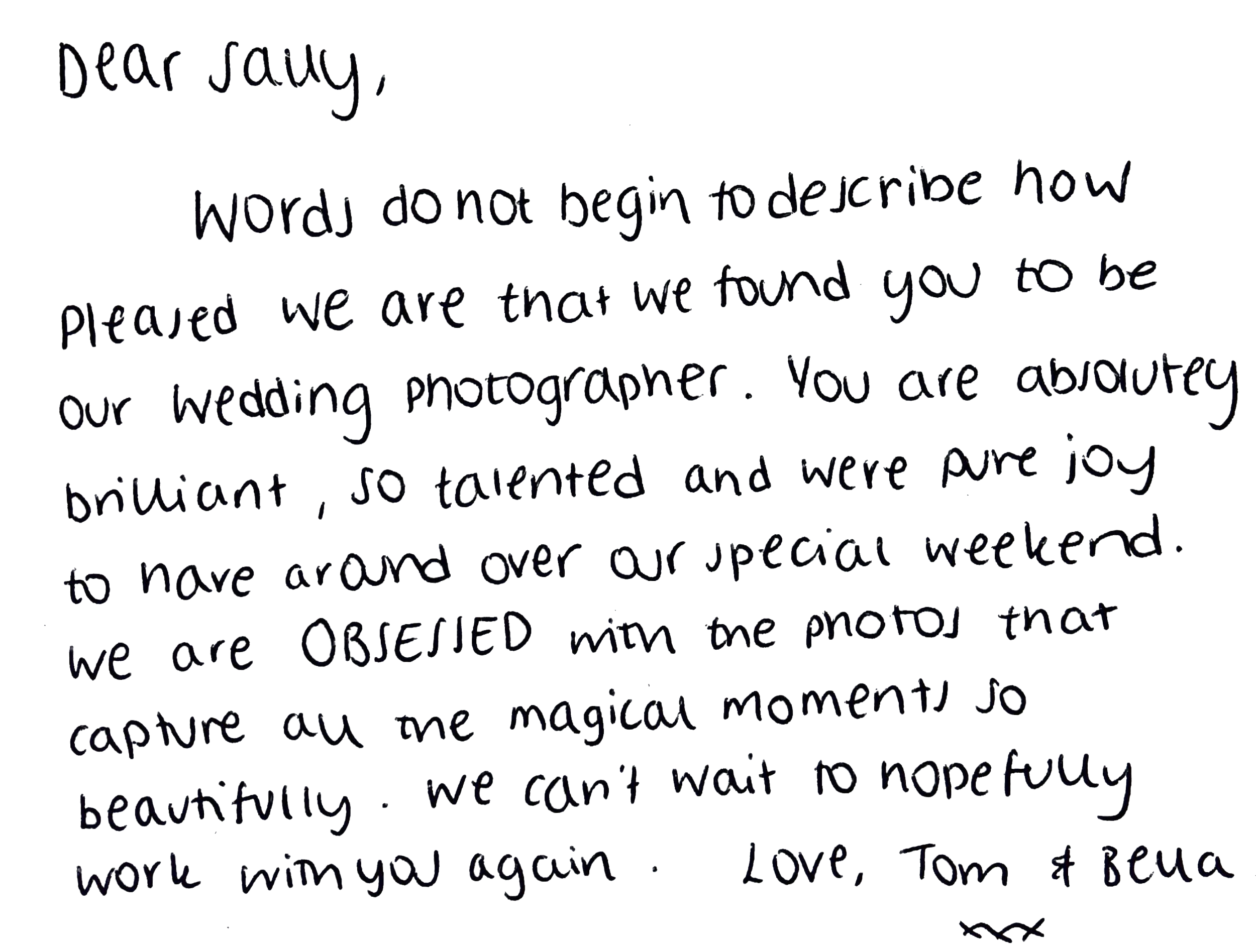 Photo of a handwritten note expressing gratitude to a wedding photographer, signed by Tom and Becca.