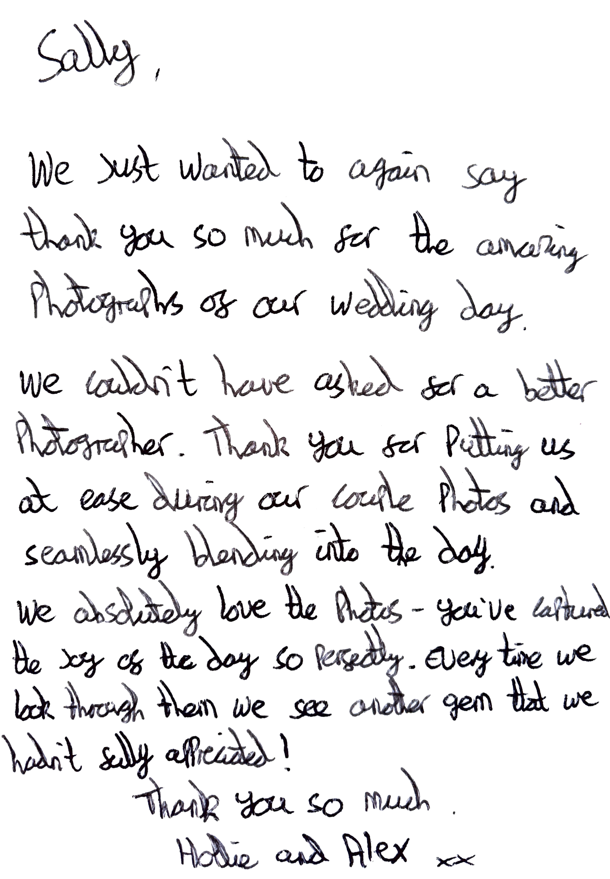 Handwritten letter expressing gratitude for a wedding photographer, thanking them for capturing and sharing photos of the wedding day.