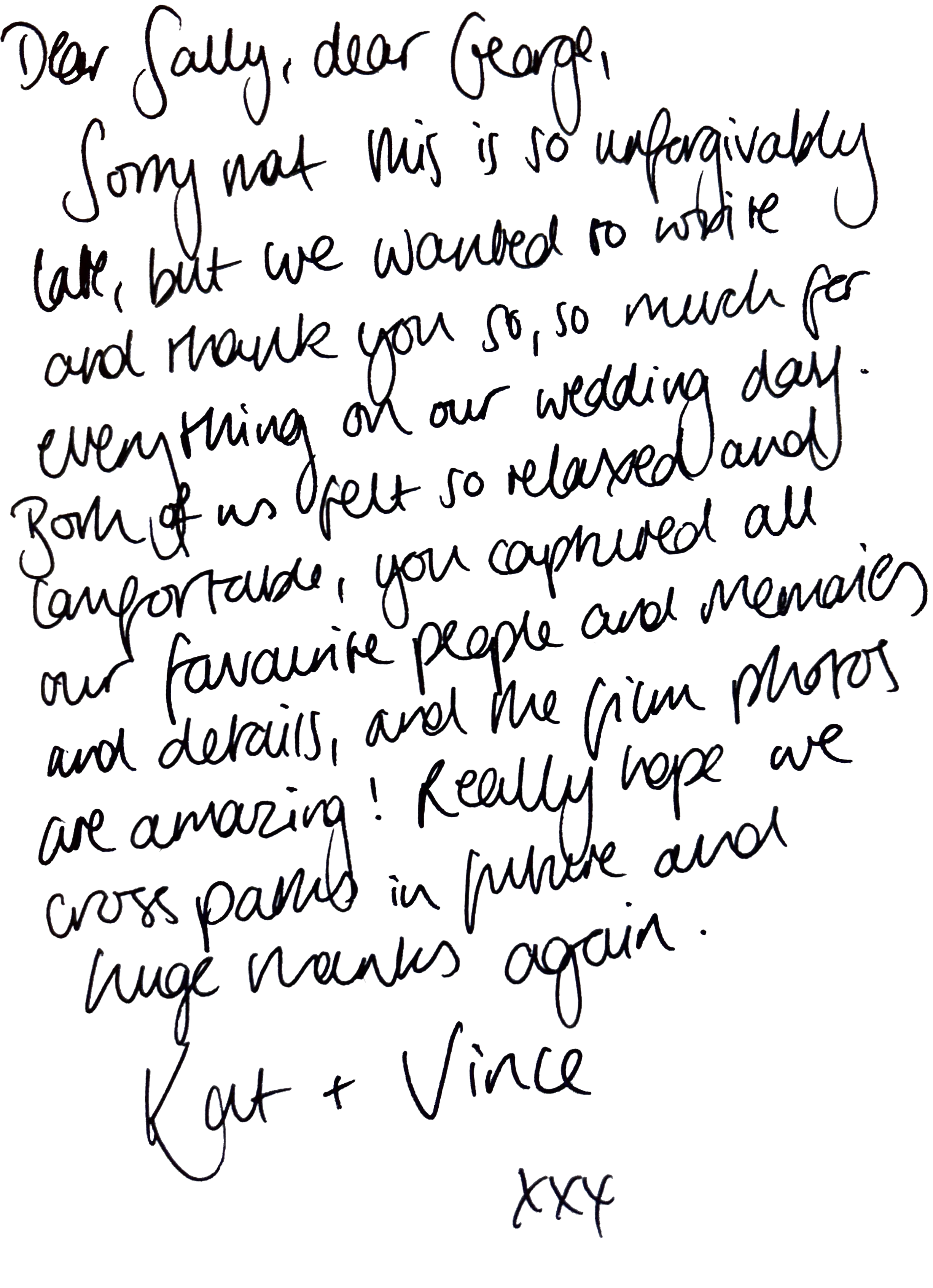 Handwritten letter addressed to Sally. The letter expresses happiness about the wedding day and gratitude for her support and friendship, mentioning how much the writer has missed her and looking forward to seeing her again.