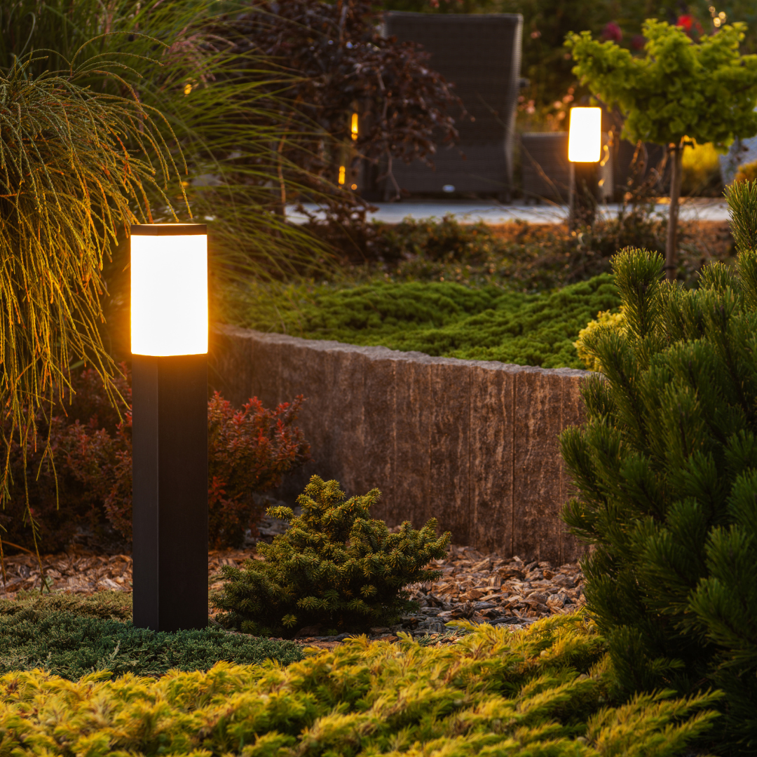 Outdoor garden with illuminated pathway lights among various green plants and shrubs, with a sitting area in the background.