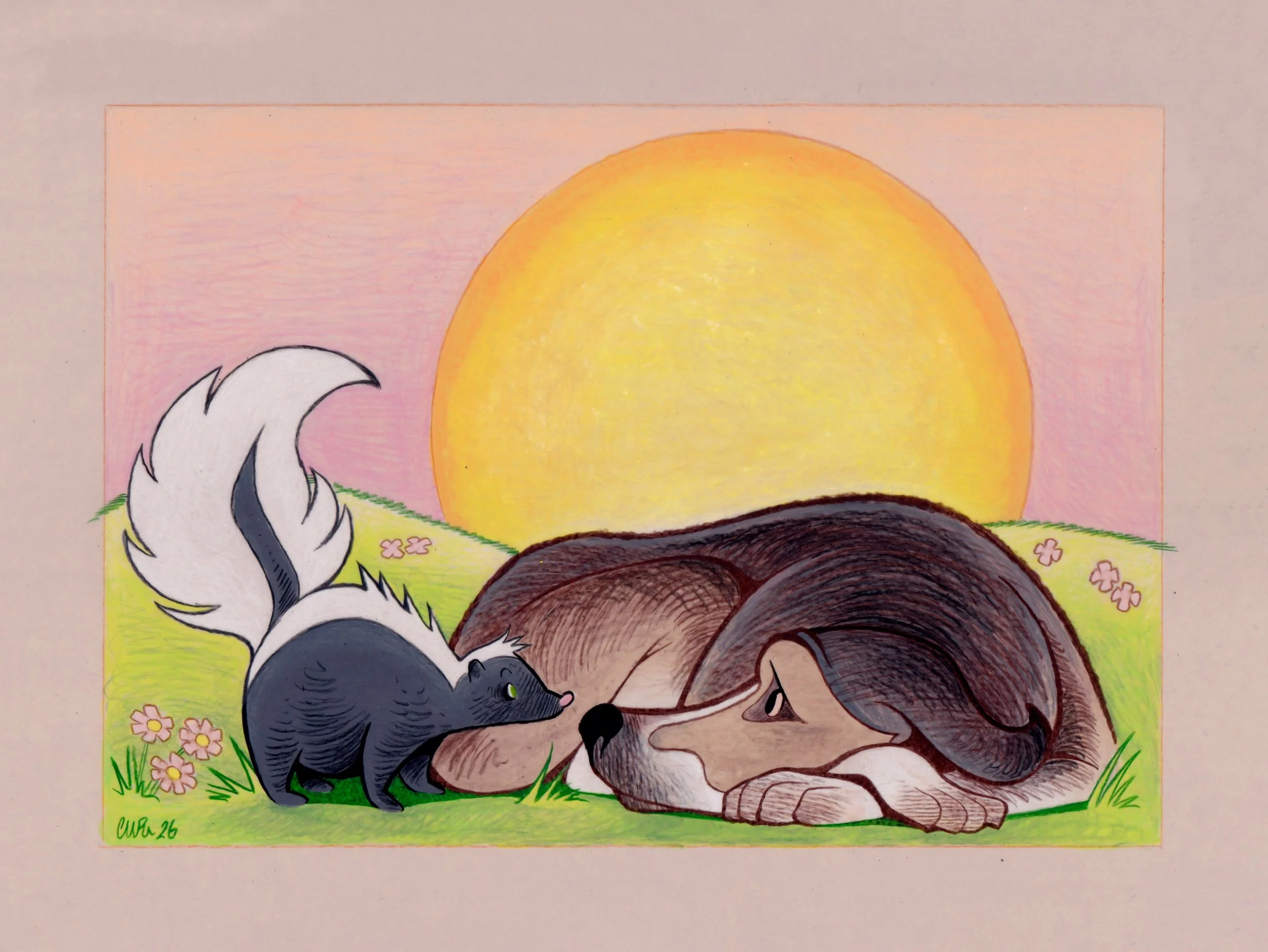 On Monday I finished this pet caricature commission of Tupelo, a recently deceased dog who caught dozens of skunks in his family&rsquo;s neighborhood. Drawn on 9x12 frosted vellum with wax pencils. I&rsquo;m open for further pet commission work&mdash