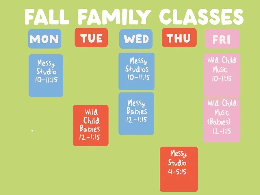Curious what we have on in the studio ? 
Swipe through to see our schedules for our programming !

 ***Just  added morning bday slots for the fall on Sundays! *** 🎉 

#gatheringwild #playstudio #artandplay
