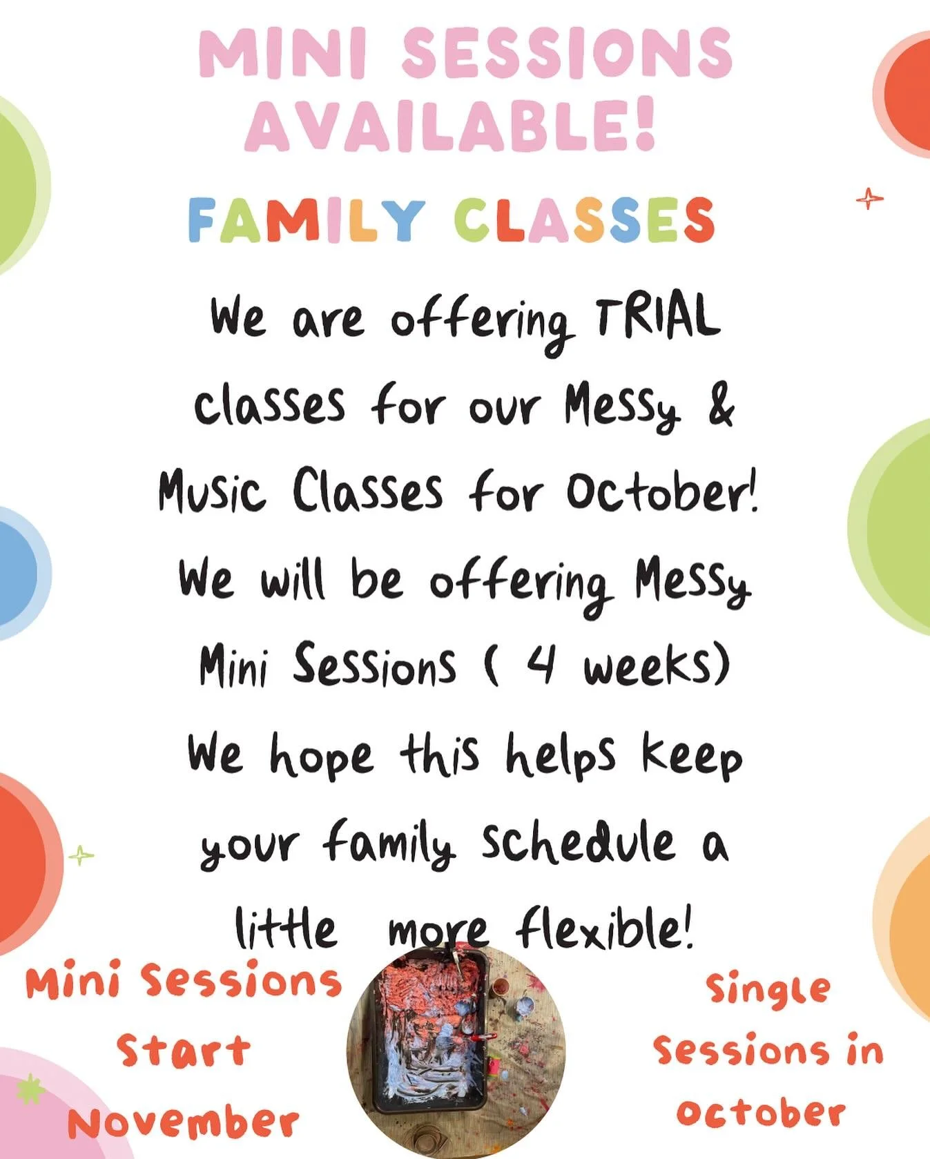 We&rsquo;ve got mini sessions starting in November - book you spot! 
Trial classes all October ! 

We&rsquo;ve updated our booking process to make sure we don&rsquo;t over fill the space -tickets are per person instead of per family :) . 
Grandma , m