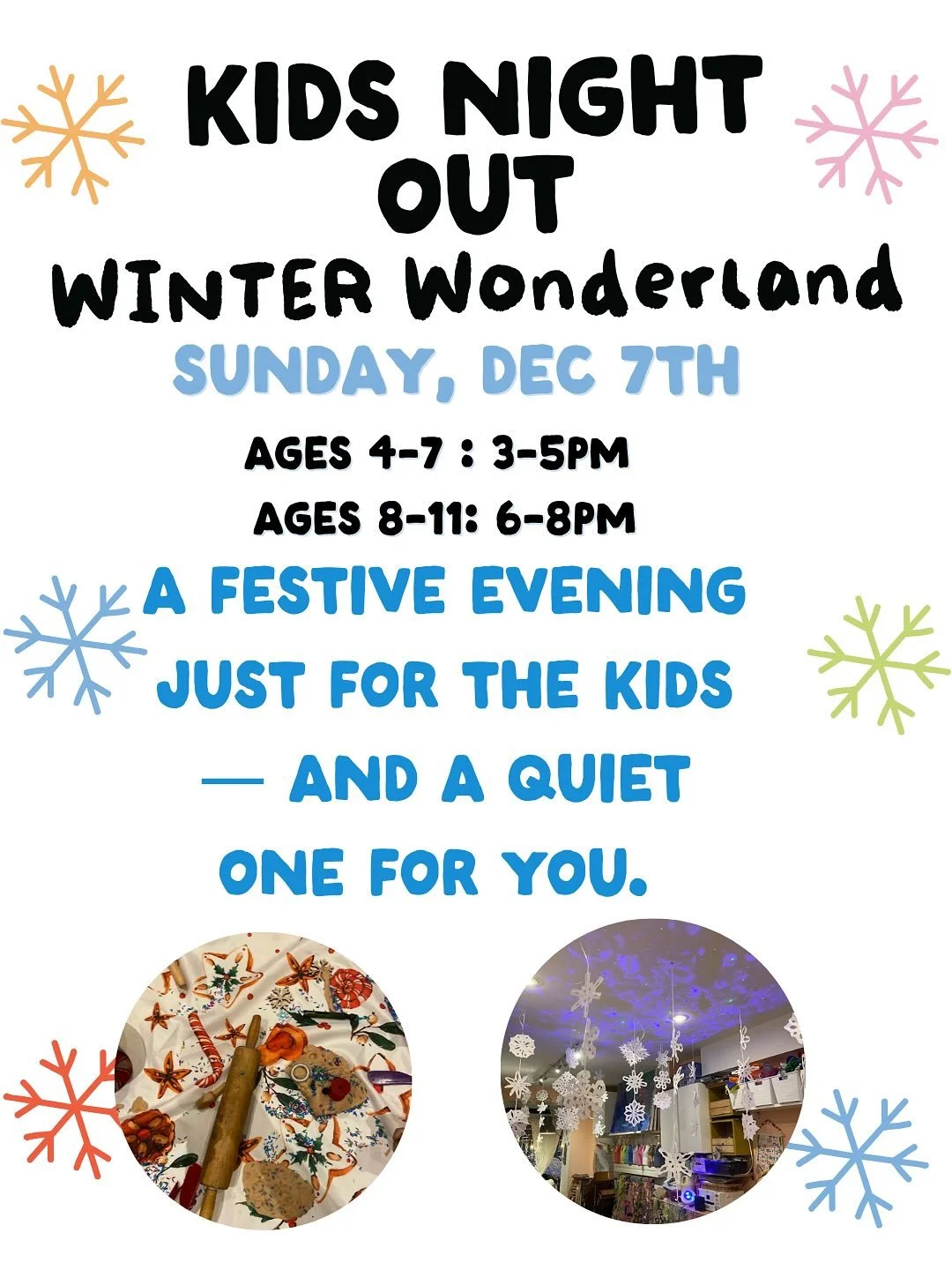 Kids Night Out -The festive party your kids want - without the prep or clean up@
Register your kiddo today !
Pizza &amp; hot chocolate 
Winter wonderland surprises 
Art Making &amp; you guessed it lots of play ! 

#gatheringwild #kidsnightout #kidsev