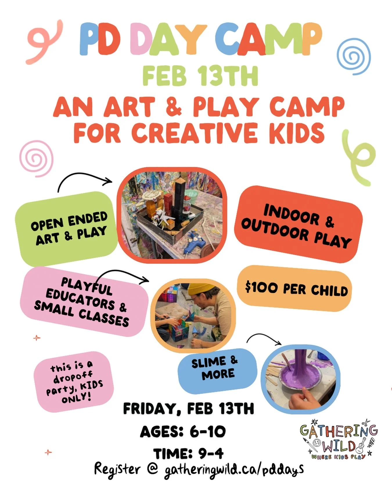 Got PD day plans ? 
Join us at GW for a day filled with art &amp; play ! 
Ages 6-10 
Time : 9-4 
Feb 13th 

Register at
www.gatheringwild.ca/pddays

#gatheringwild #pdday #art&amp;play