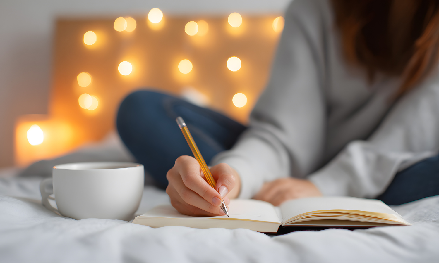 A woman with ADHD writing in her journal reflecting on emotional experiences at the end of the day.