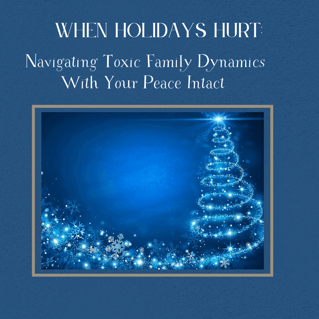 Blue holiday-themed graphic with a glowing, stylized Christmas tree made of sparkling lights and snowflakes. | Trauma Therapy in Atlanta | 30338 | 30319 | 30342