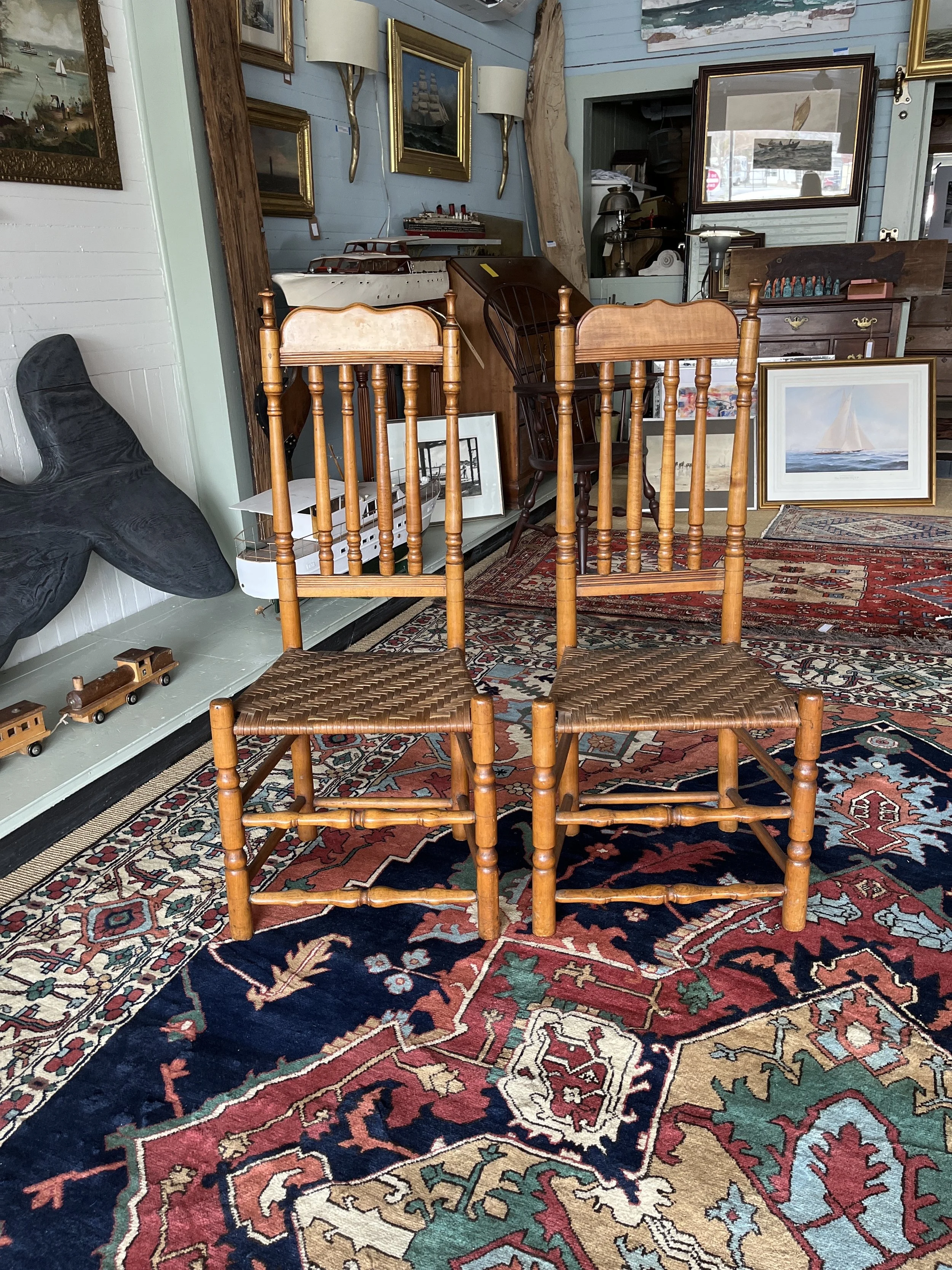  Pair of Banister-Back Side Chairs-Deerfield, Massachusetts Area, 18th Century Back Heights 42" Seat Height 16.5"	$700.00 
