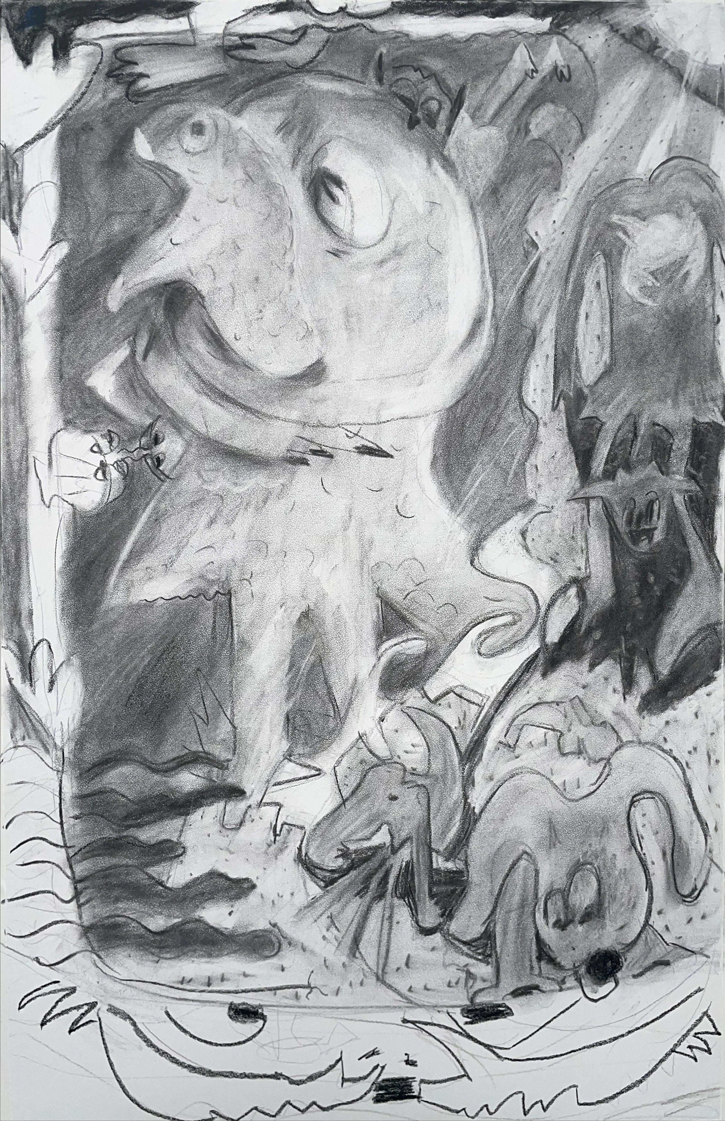 #19--$50--'in the damp sand time of night' (2023), charcoal on paper, 30 x 20 inches