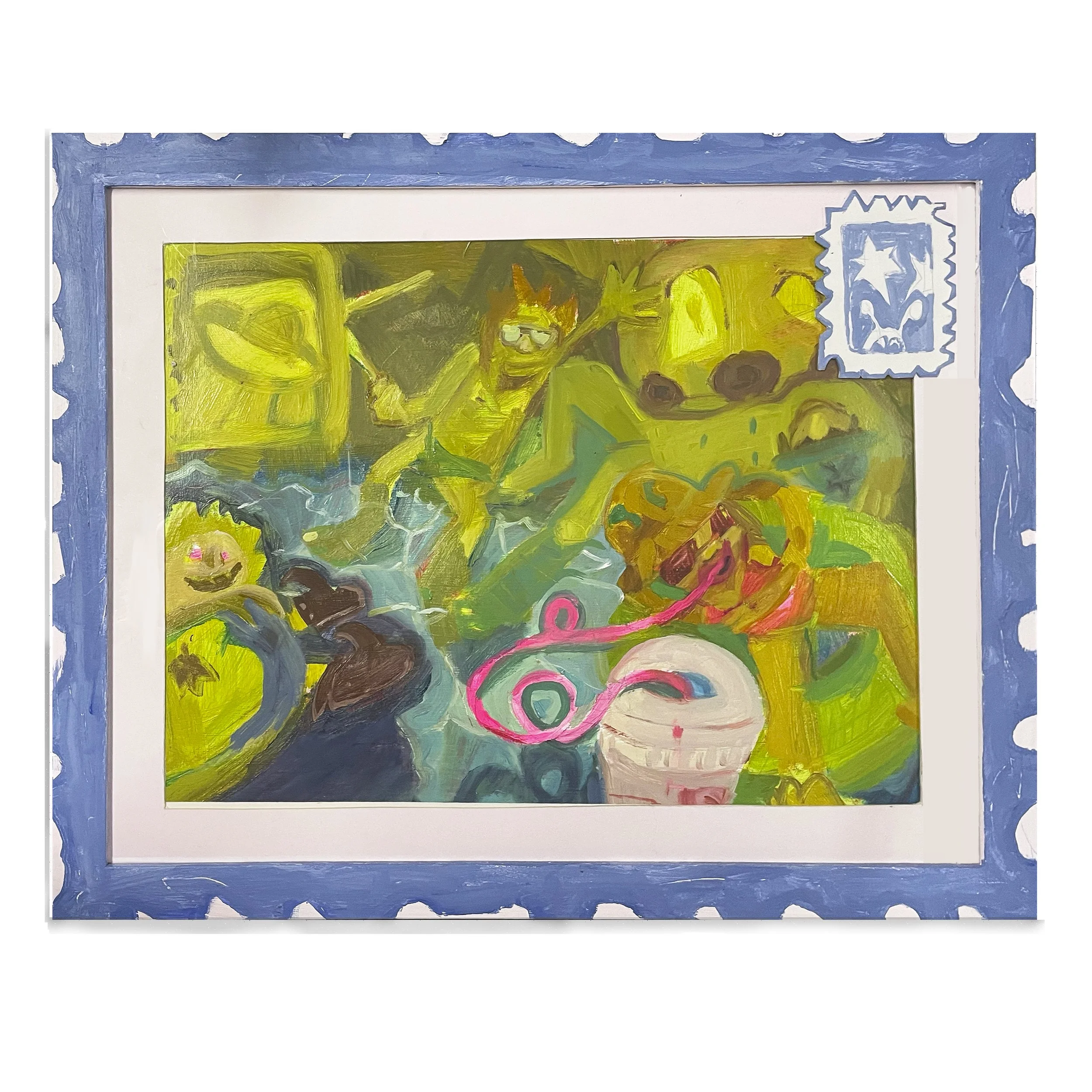 #10--$100--wish you were here, don’t we all?
2022, oil and gesso on archival paper with painted frame, 13 x 17 in (unframed) (Exhibited with Indiana Beach at Satellite Art Fair Miami 2022 https://indianabeach.tumblr.com/post/701810362481278977/lydia-
