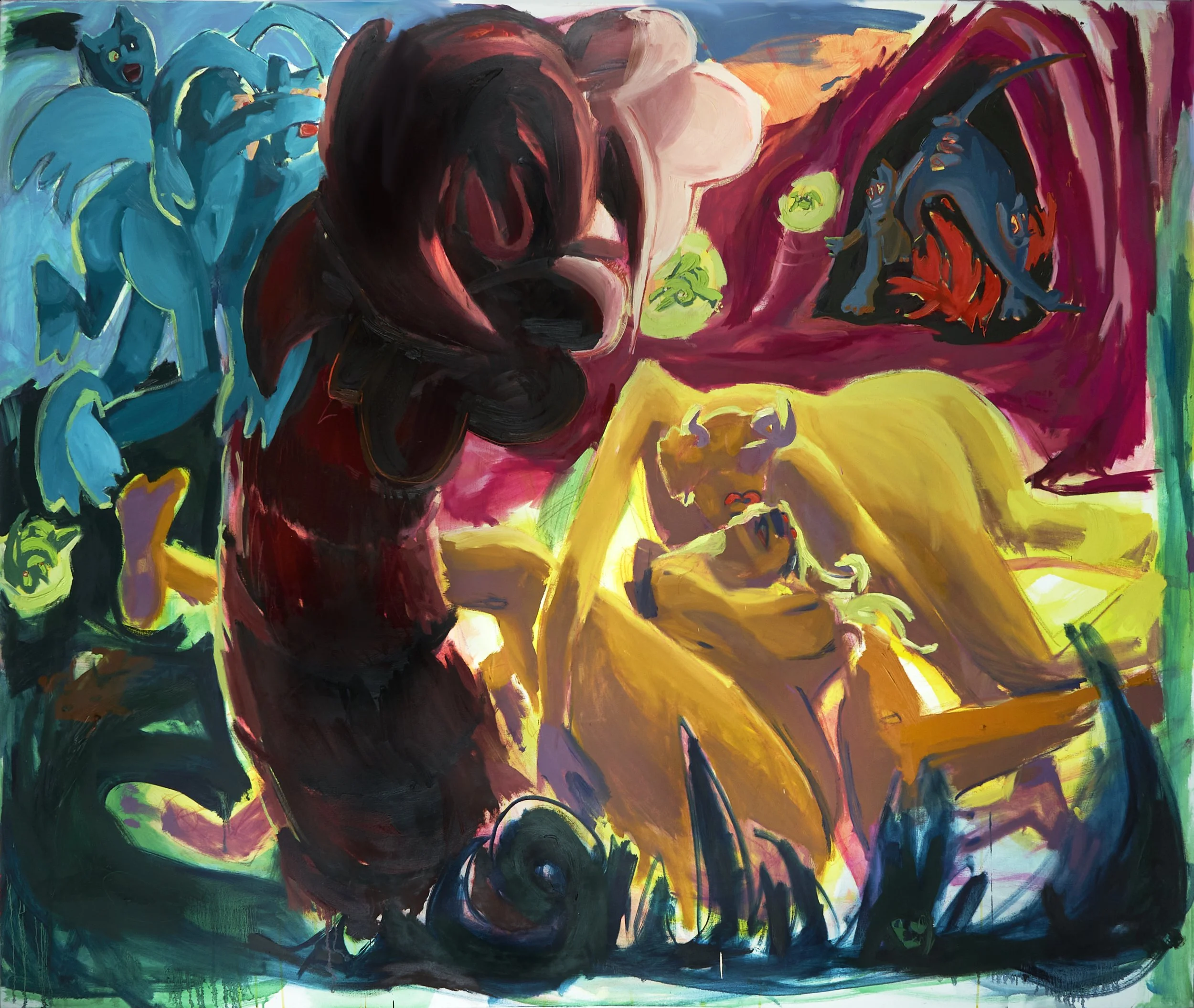 #4--$800-- 'an understudy for an affair seances and other spells' (2019), oil acrylic and crayon on canvas, 76 x 90 inches