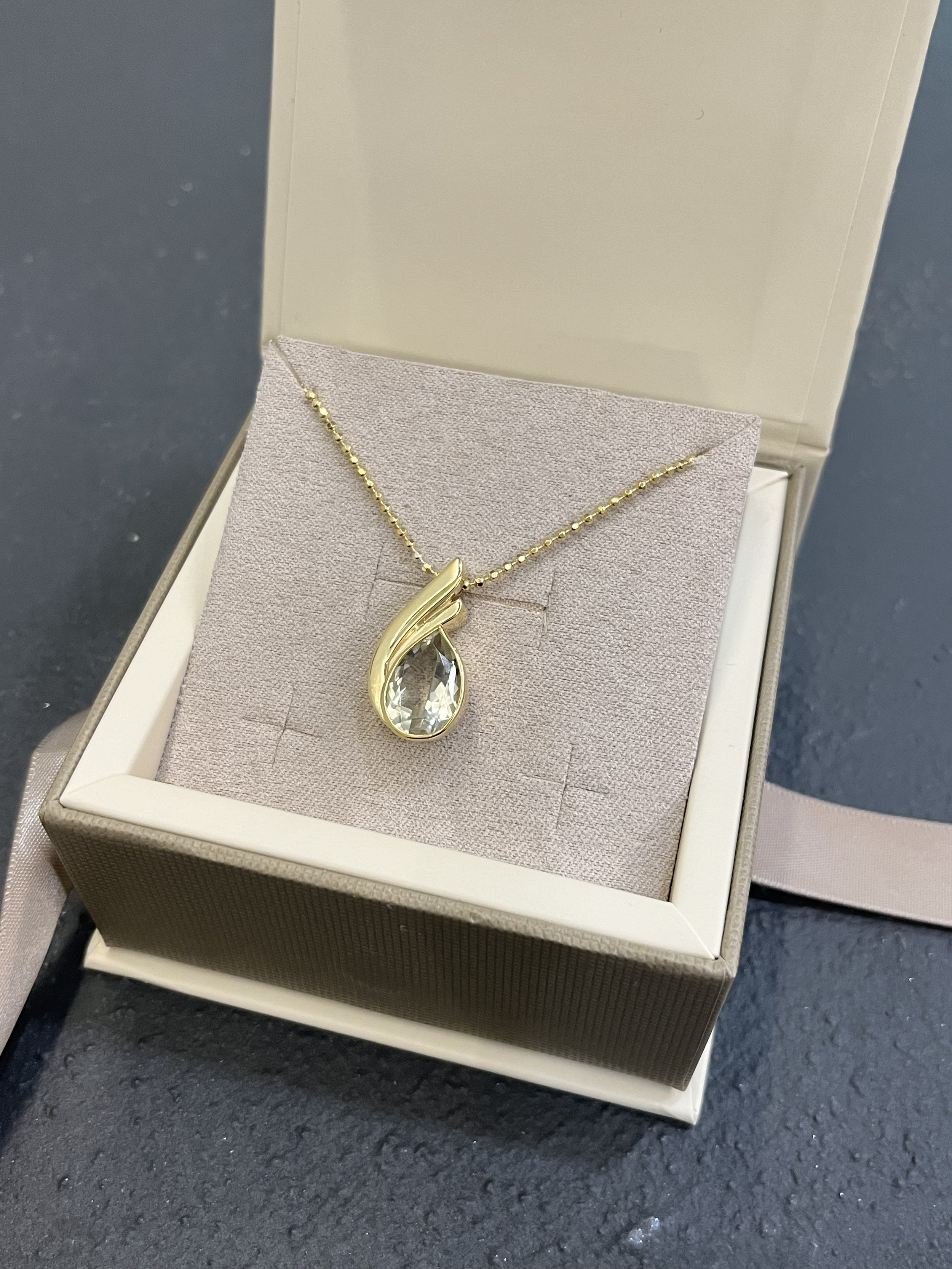 Girocollo argento 925 dorato ciondolo taglio goccia prasiolite ametista verde scatola