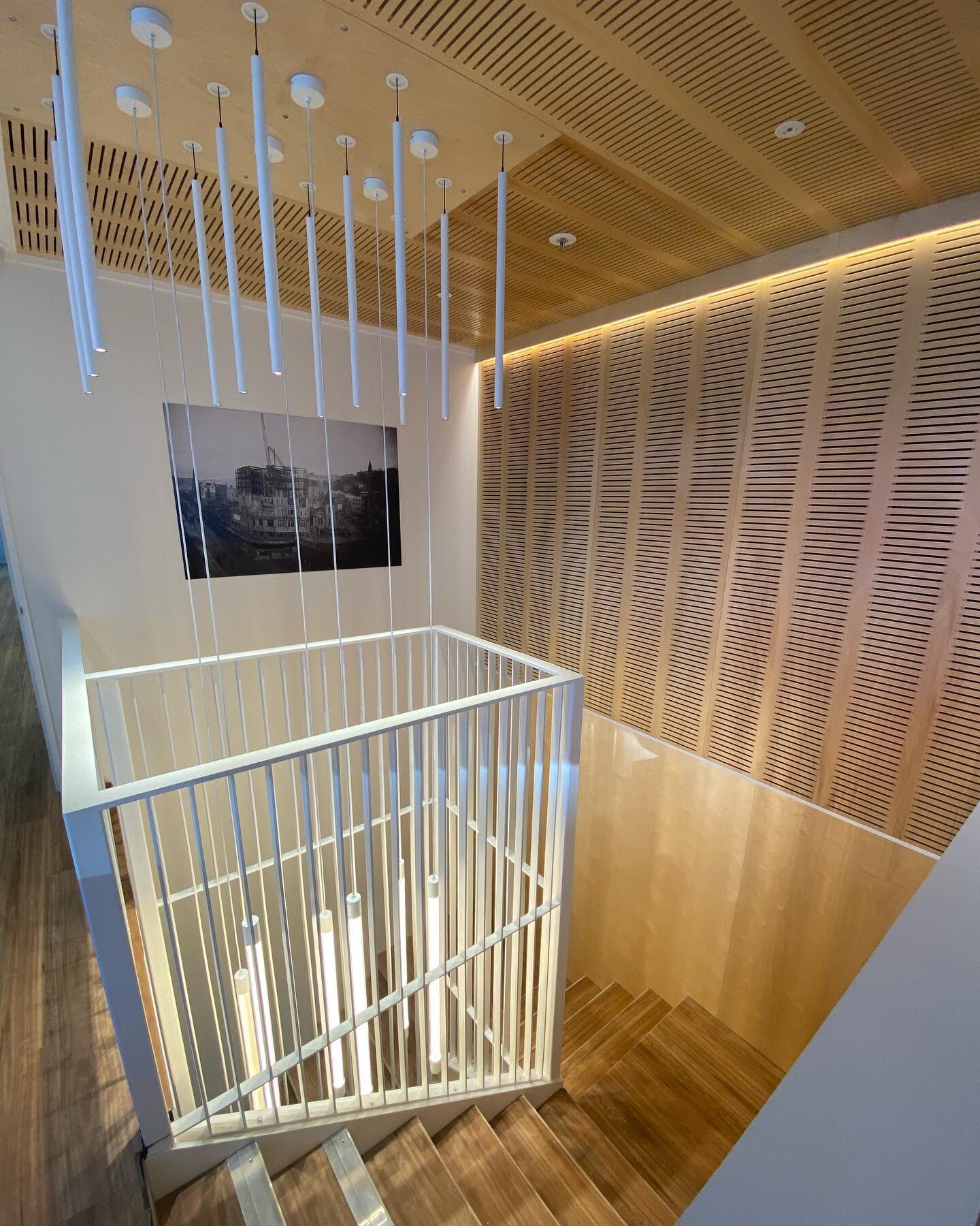 Stairwell. 

#stairs #stairwell #acoustic #ply #plytech #light #lighting #pendants #dentist