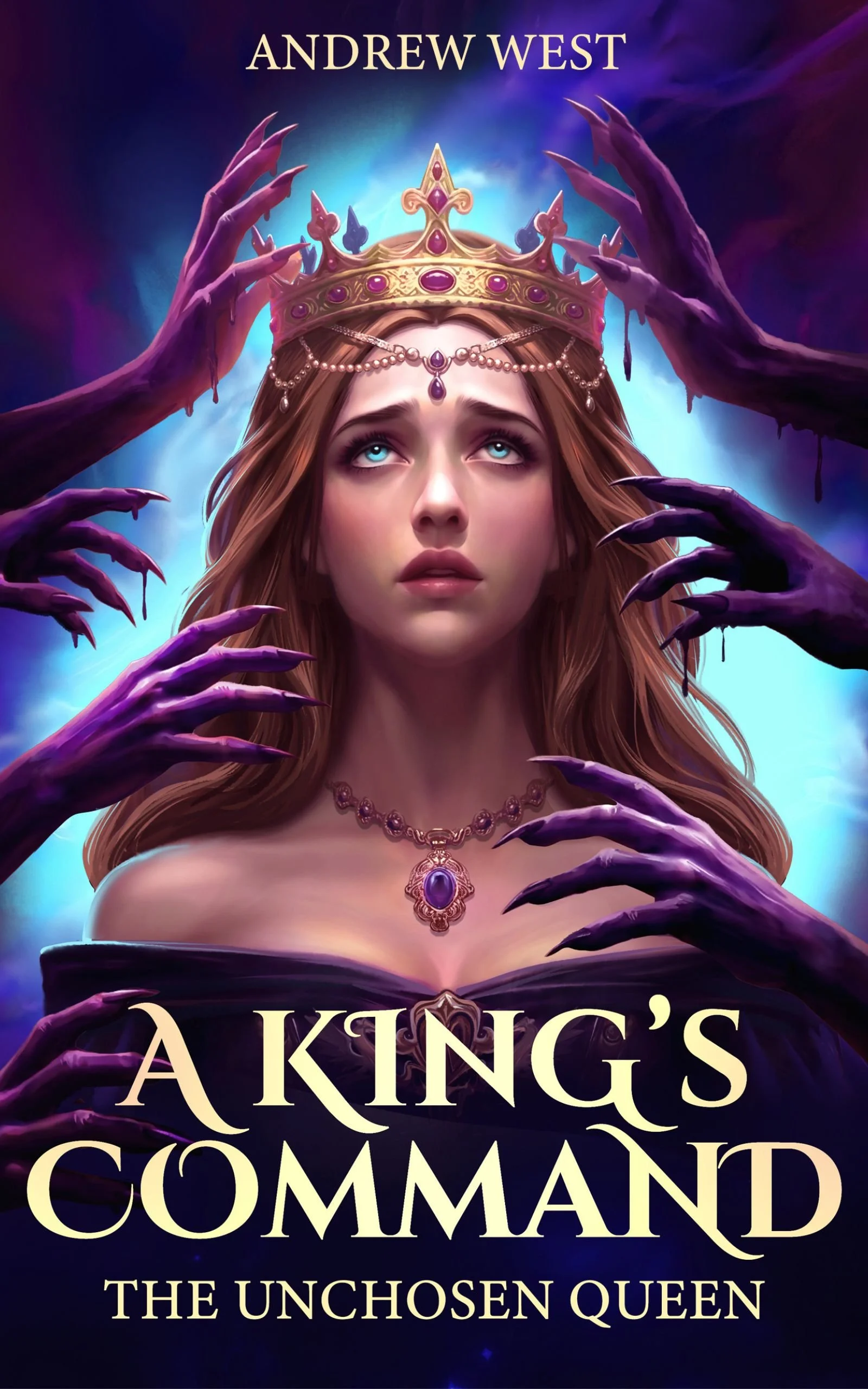 Book cover featuring a woman with red hair and blue eyes, wearing a crown and jewelry, surrounded by purple hands with long nails reaching towards her, with glowing blue and purple background, and gold text reading 'A King's Command: The Unchosen Queen'.