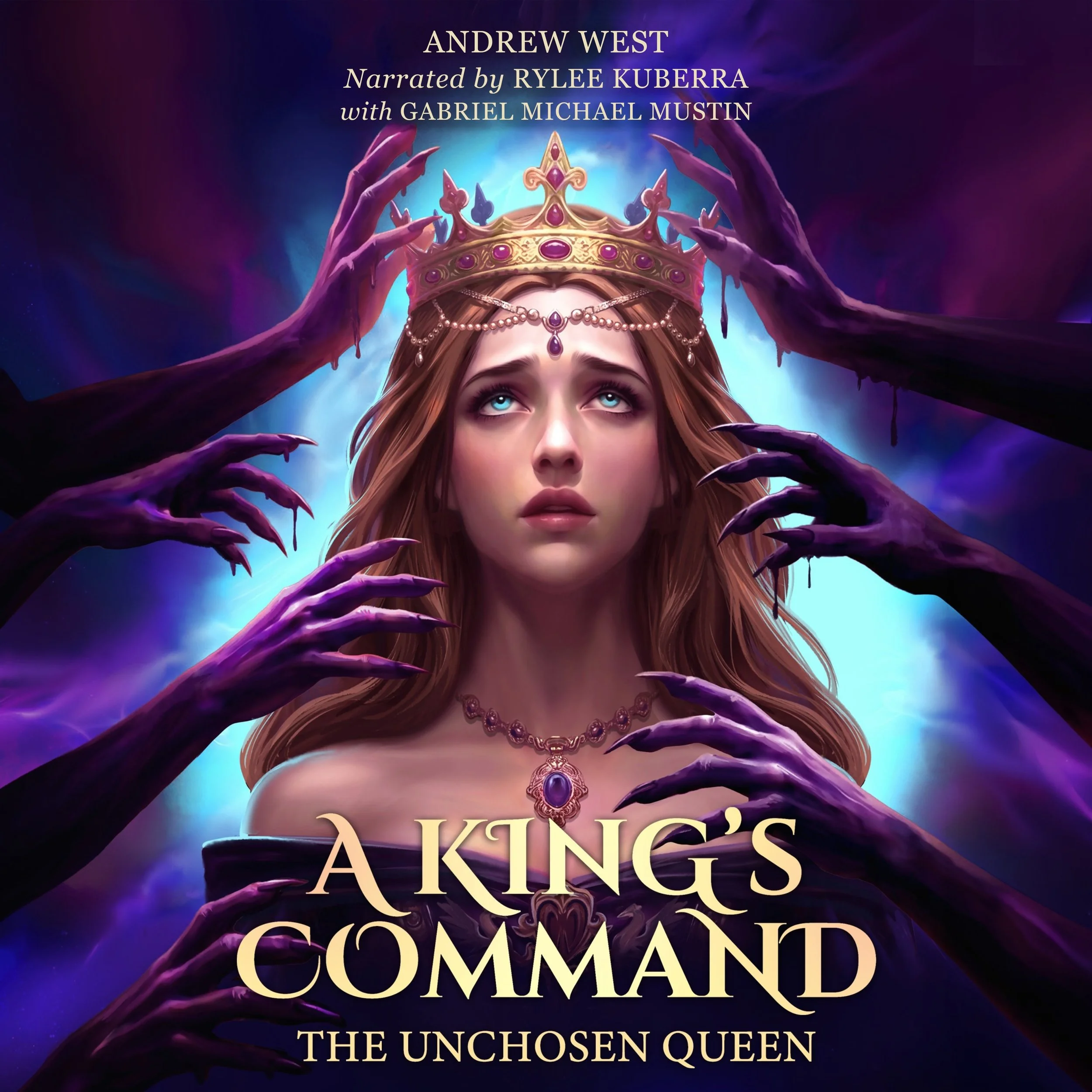 A fantasy illustration of a woman with long hair wearing a crown and jewelry. Purple hands with long nails surround her, reaching towards her head. The background is dark with a bright blue glow. The text on the image reads "Andrew West narrated by Rylee Kuberra with Gabriel Michael Mustin" and "A King’s Command: The Unchosen Queen."