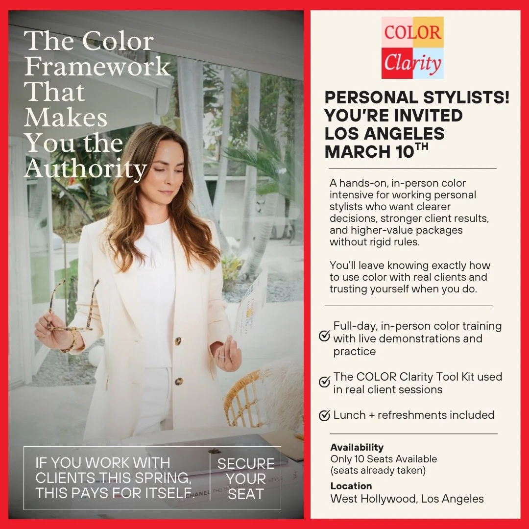 ✨ For personal stylists ready to use color as a true business advantage ✨

COLOR Clarity is not about learning more &ldquo;rules.&rdquo; It&rsquo;s about developing the level of color understanding that positions you as the expert &mdash; the kind th