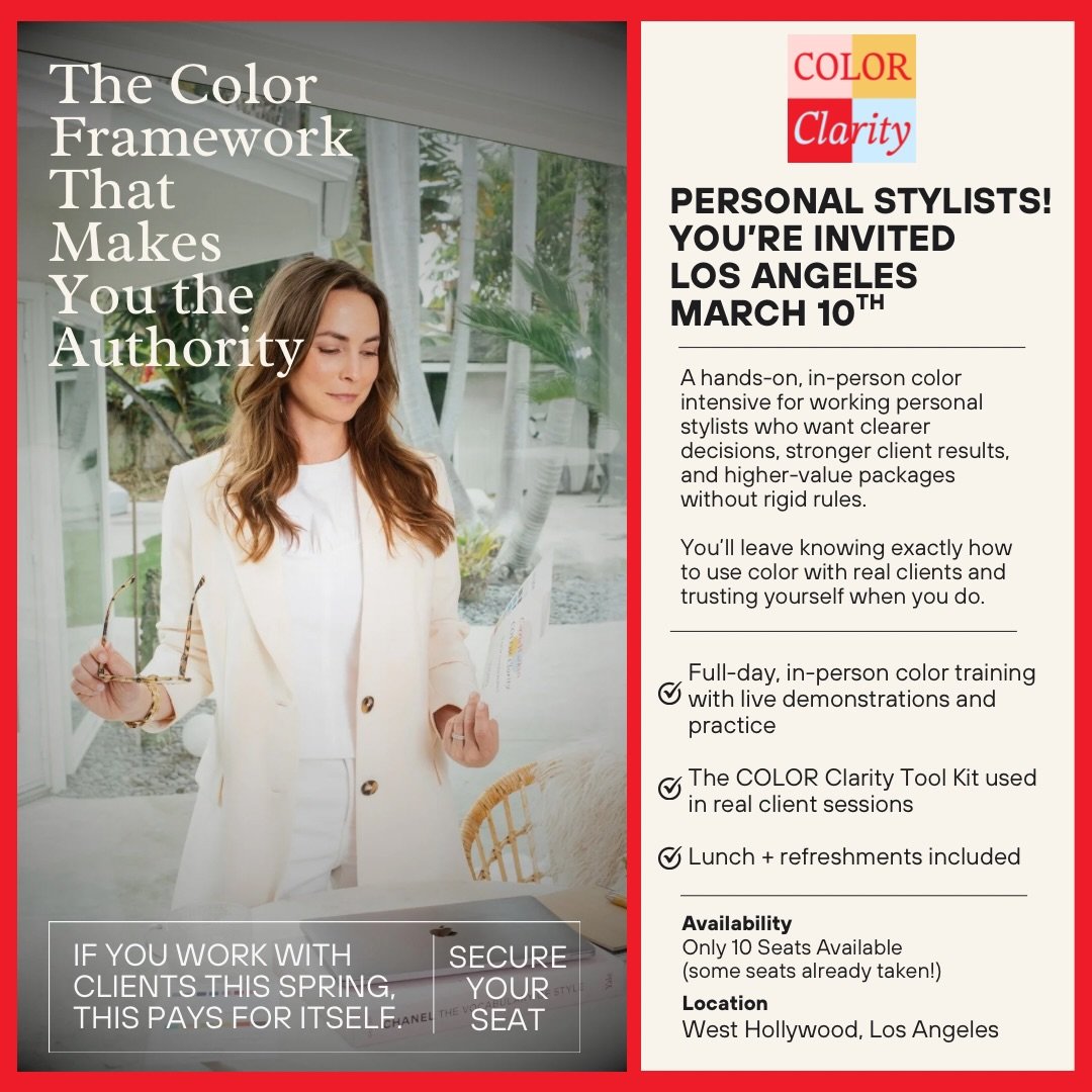 ✨ Calling all personal stylists ✨

Register now for COLOR Clarity. My in-person color training in Los Angeles.

This experience isn&rsquo;t just about color analysis. It&rsquo;s about using color knowledge as a true business advantage &mdash; the kin