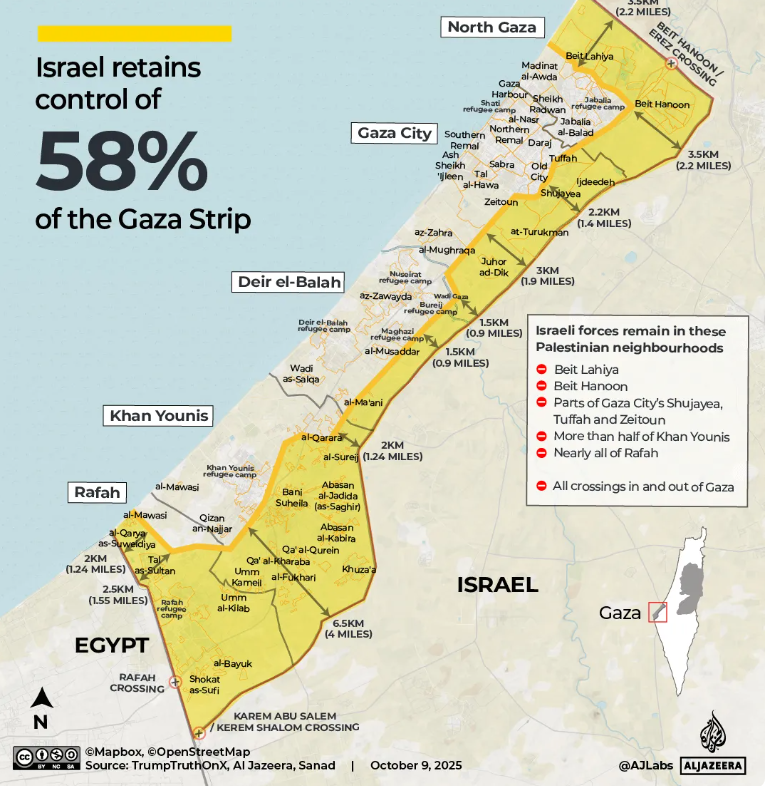 Ceasefire withdrawal lines leaves Israel in control of 58% of Gaza