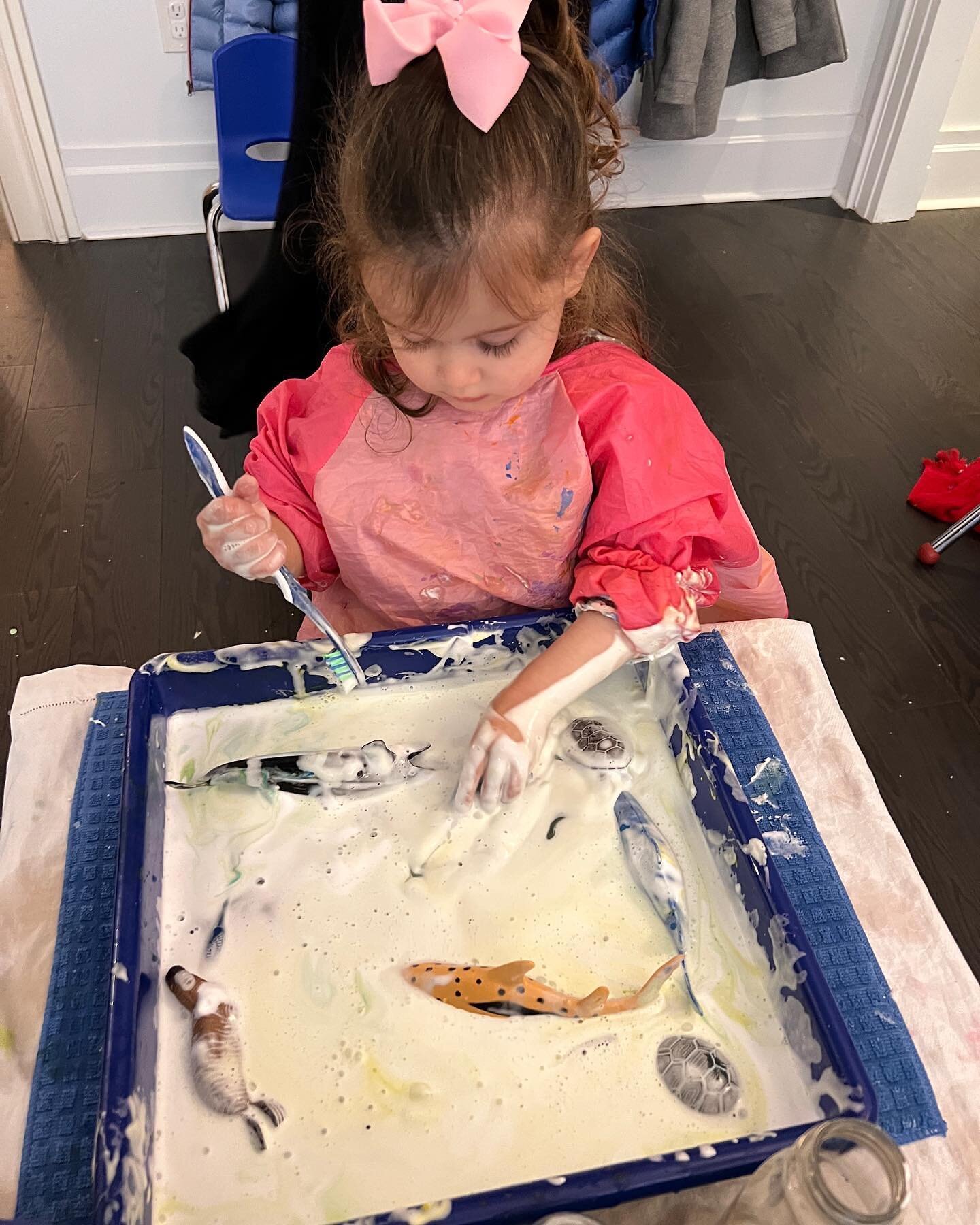 Sensory play with shaving cream, water, and sand!