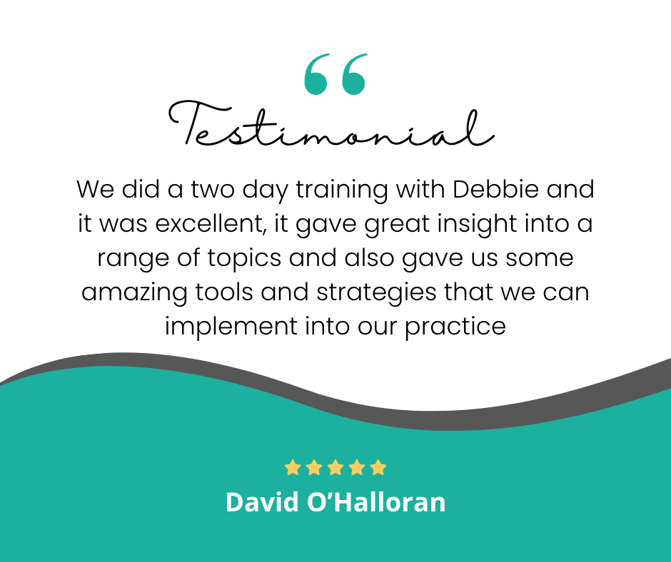 Testimonial quote from David O'Halloran praising Debbie for a two-day training session that provided insights, tools, and strategies for practice improvement, with a decorative wave design in teal and gray, and five yellow stars.