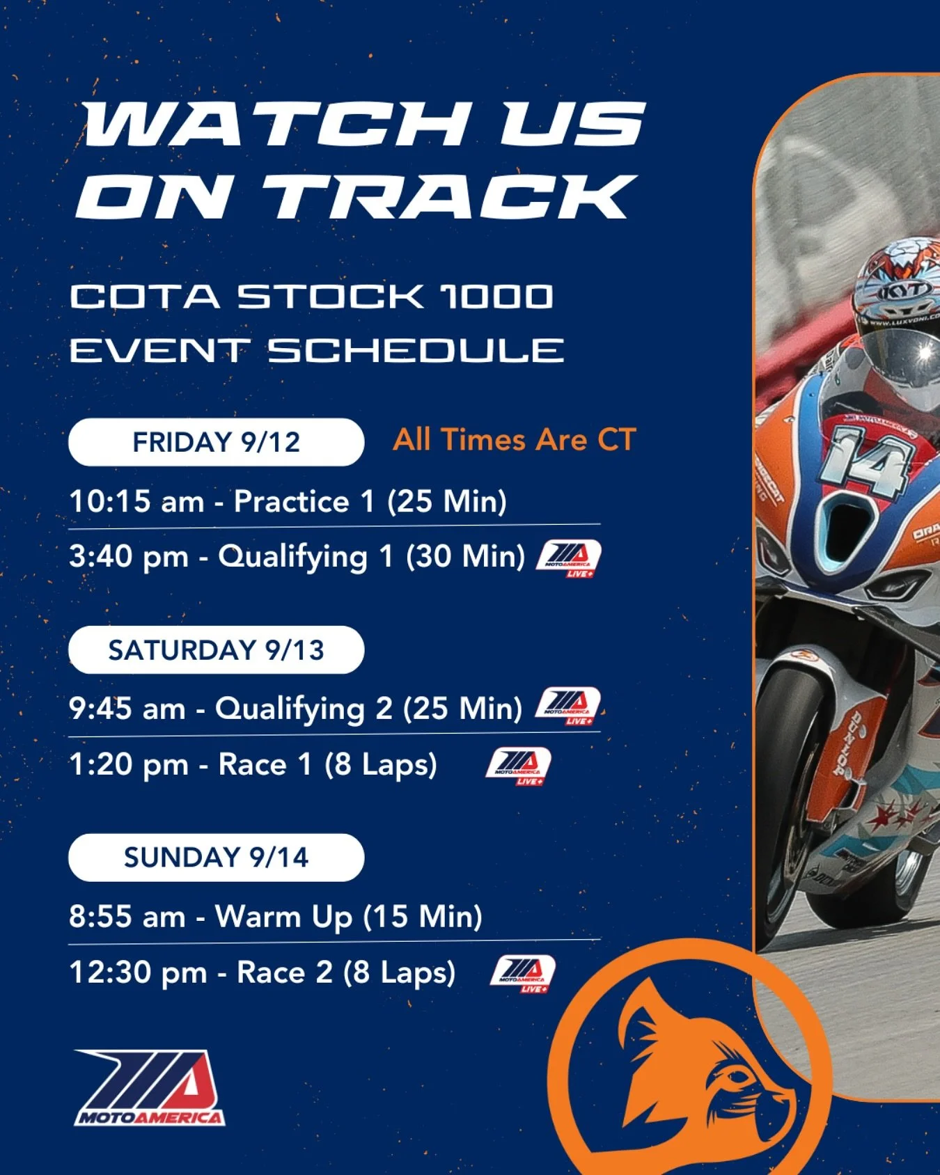 We’re all set for race weekend at Circuit of the America! 🏁 Catch all the OrangeCat Racing action live — check out our on-track schedule and tune in via MotoAmerica Live+ or follow along with live timing. Let’s go racing! 🐈💨
📸@