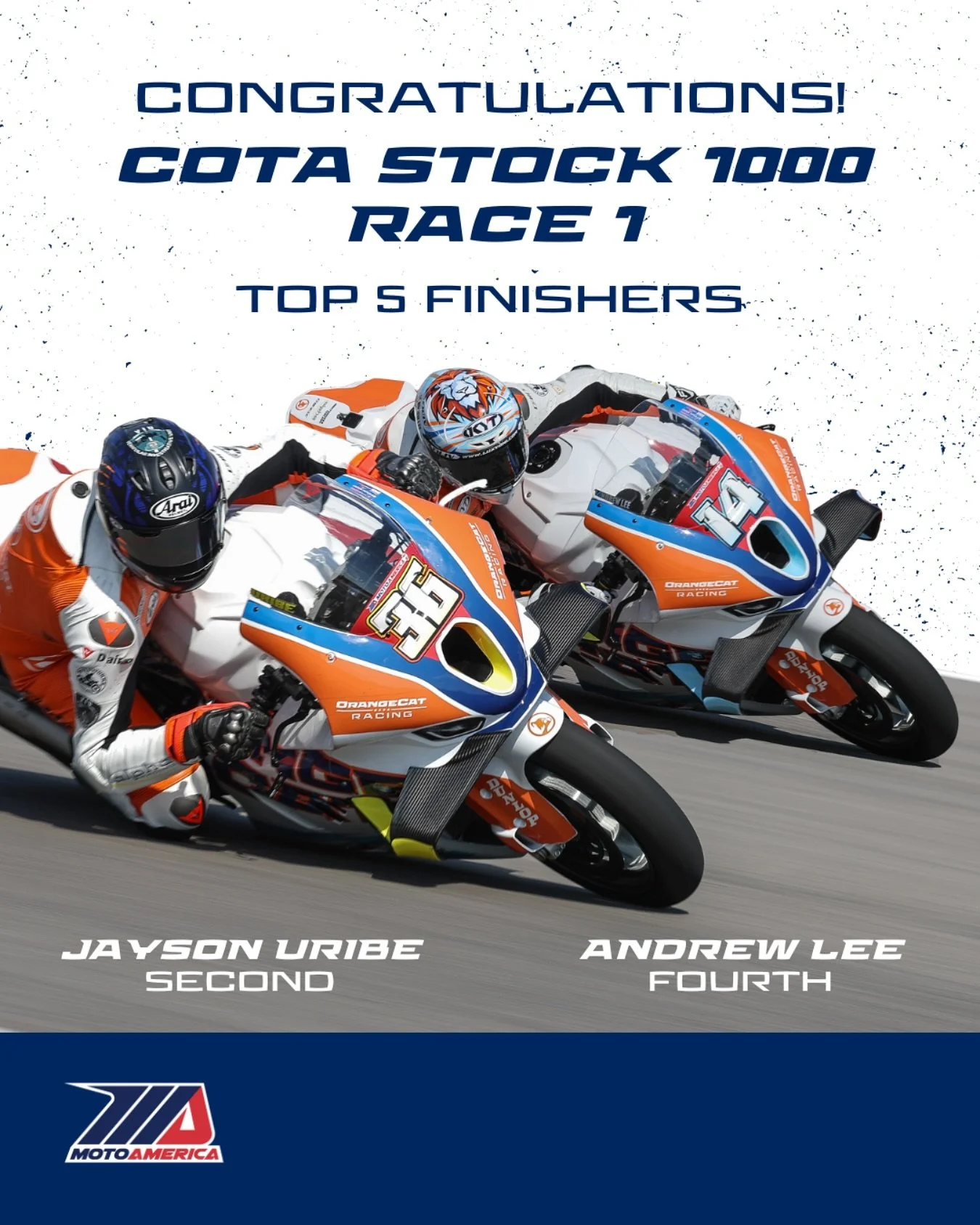 The OrangeCats fought hard against stacked competition — Jayson Uribe clawed his way to a strong P2, while Andrew Lee battled it out to bring home P4. Solid points on the board, and now it all comes down to Race 2 to decide the championship. 🐈
