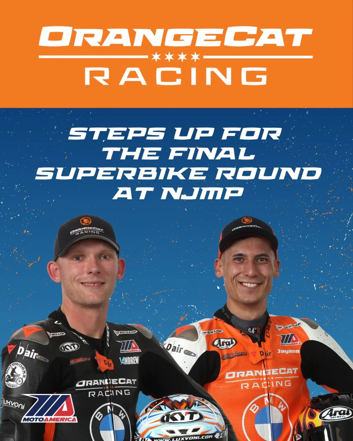 OrangeCat Racing is stepping up for the final Superbike round at NJMP with Lee and Uribe! With fresh upgrades on the BMWs and testing complete, we’re ready to take on the challenge. Let’s race! 🏁
📸@brianjnelsonphoto
#OrangeCatRa