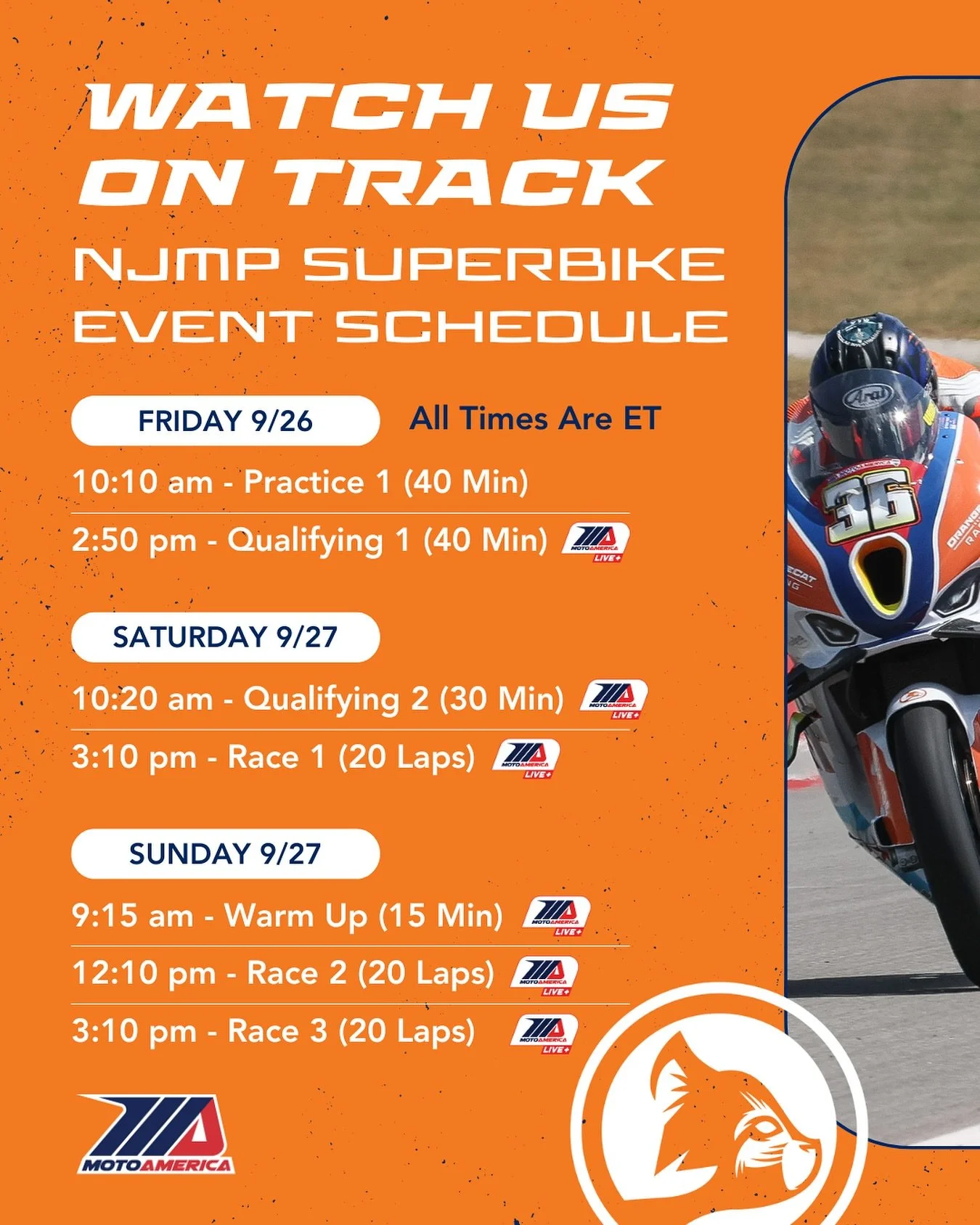 We are pumped to be stepping up to race in Superbike this weekend NJMP! 🏁 Catch all the OrangeCat Racing action live &mdash; check out our on-track schedule and tune in via MotoAmerica Live+ or follow along with live timing. Let&rsquo;s go racing! ?