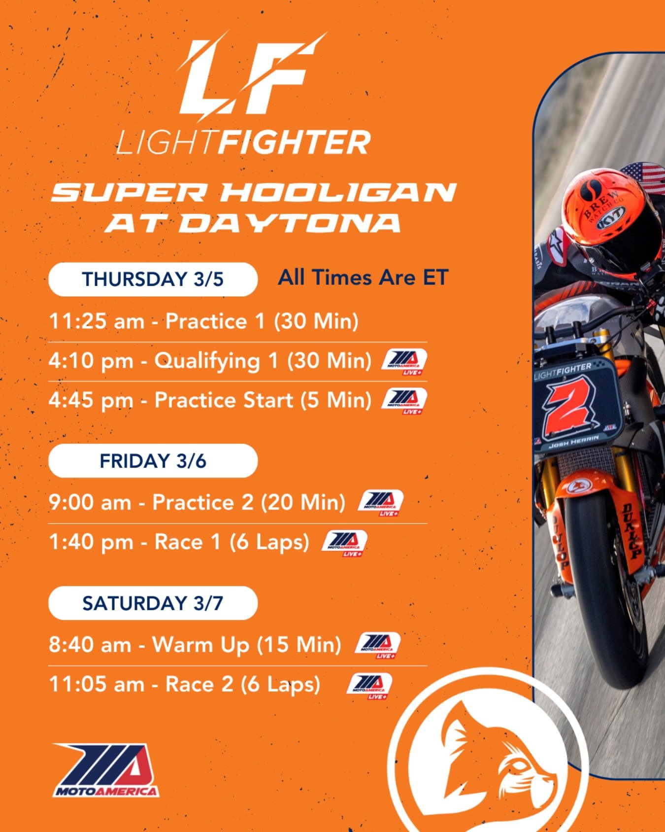 We are pumped for our debut in Super Hooligan at Daytona! 🏁 Catch all the OrangeCat Racing action live! Check out our on-track schedule and tune in via MotoAmerica Live+ or follow along with live timing. Let&rsquo;s go racing! 🐈💨

📸 @skwid.media