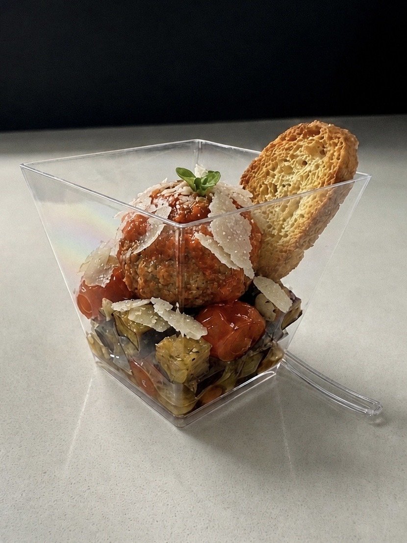 Gourmet Italian Meatball Cup Appetizer – Eggplant, Tomato Ragu & Parmesan Shavings | LA Catering Style