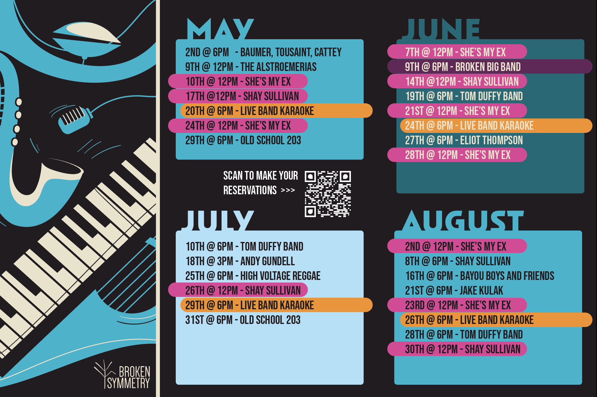 A colorful event schedule for May, June, July, and August featuring musical performances, open mic nights, live band karaoke, karaoke nights, and special events at a venue called Broken Symphony. The schedule is decorated with musical-themed illustrations, including a keyboard, a microphone, and abstract music symbols.