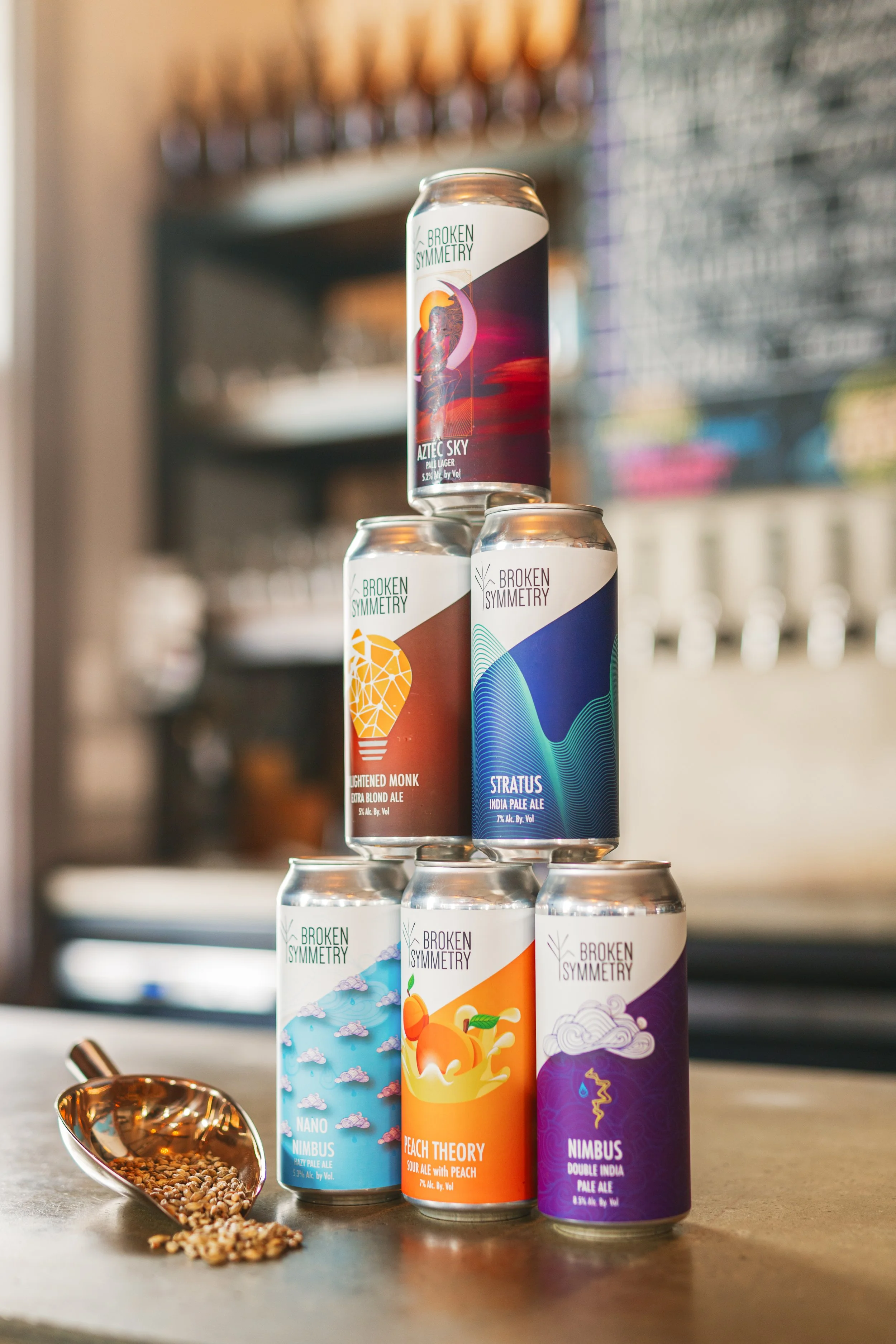 Beer cans stacked in a tower formation