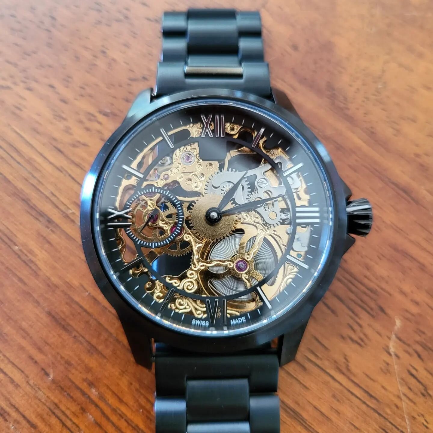 *SOLD*

🚨New watch for sale🚨
The Black and Gold Skeleton

Specs
45mm Black case with sapphire glass
22mm Black link metal band
Gold 6497 movement (serviced and regulated)
38mm Black roman numeral skeleton dial 
Black metal leaf style hands

If your