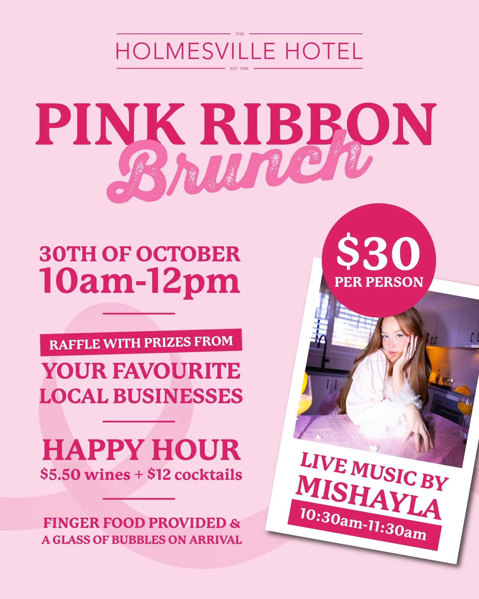 🎀 Join us for a Pink Ribbon Brunch! 🎀

Thursday, 30th October | 10am&ndash;12pm | $30 per person

Let&rsquo;s come together to raise funds and awareness for breast cancer. Enjoy a delicious brunch, great company, and support a worthy cause!

✨ Live