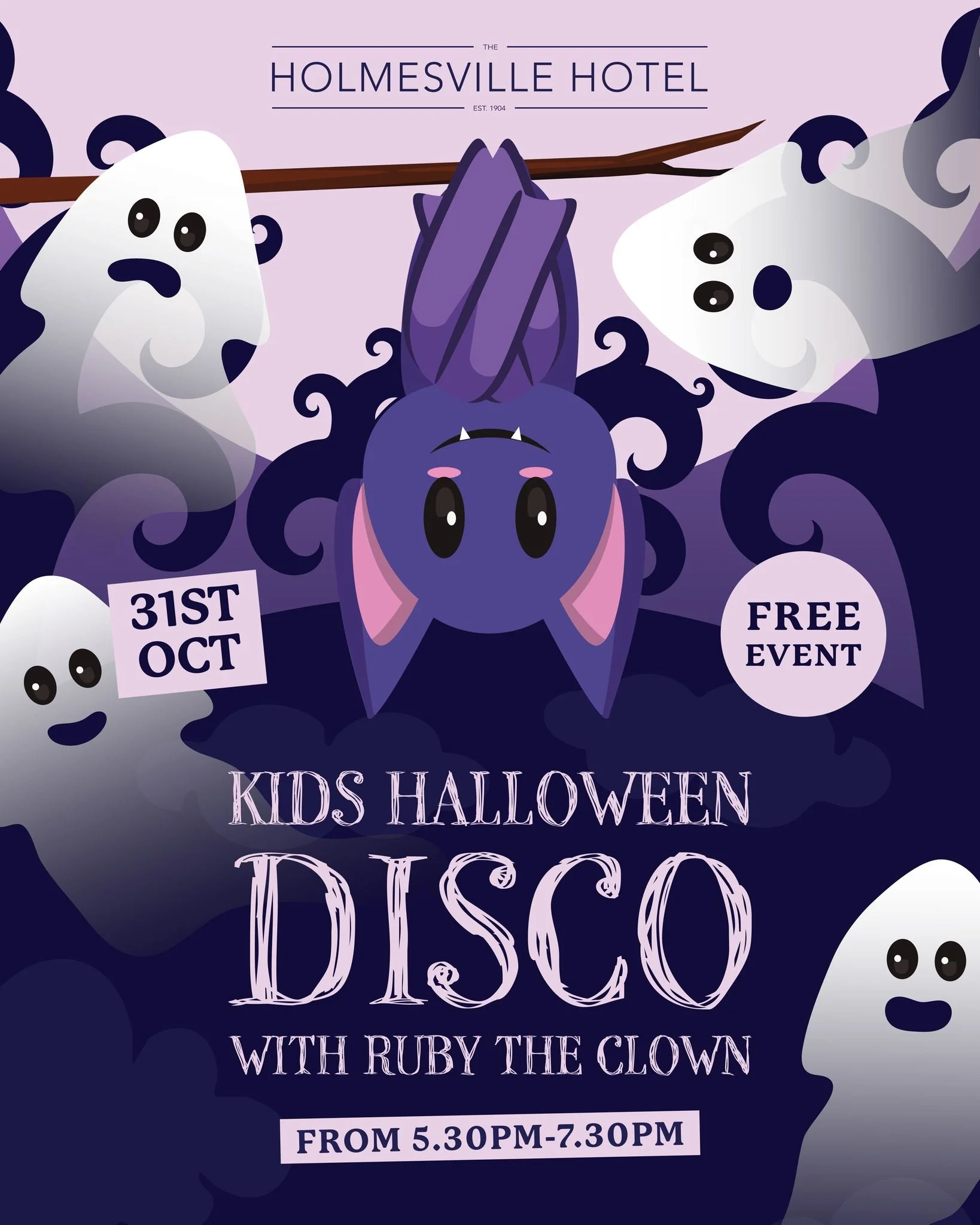 🎃👻 Spooky Fun Alert! 👻🎃

Get ready for a fang-tastic night at The Holmesville Hotel!

Join us TONIGHT for a FREE Kids Halloween Disco with the one &amp; only Ruby the Clown! 🕺🎈

🕒 From 5:30pm to 7:30pm

🎃 Costumes encouraged

👻 Spooky tunes,