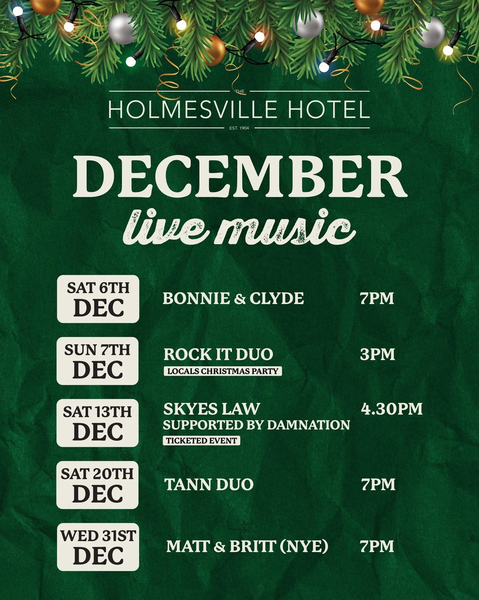 🎸 Live Music All Month! 🍻

We&rsquo;ve got some absolute legends performing this December - mark your calendars!

Dec 6th &ndash; Bonnie &amp; Clyde 7pm

Dec 7th &ndash; Rock It Duo 3pm - Locals Christmas Party

Dec 13th &ndash; Skyes law with Damn