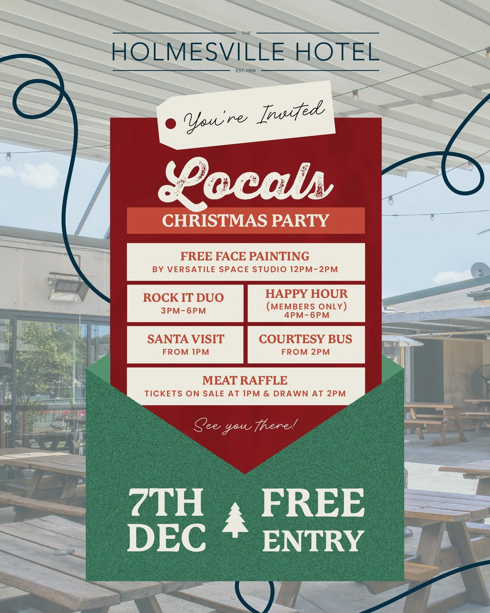 Holmesville locals, this one&rsquo;s for you! 🎅🎄

Our Locals Christmas Party is happening on 7th December - with free face painting, live music, Santa, happy hour (members only), courtesy bus &amp; a meat raffle.

Free entry. Come celebrate with us