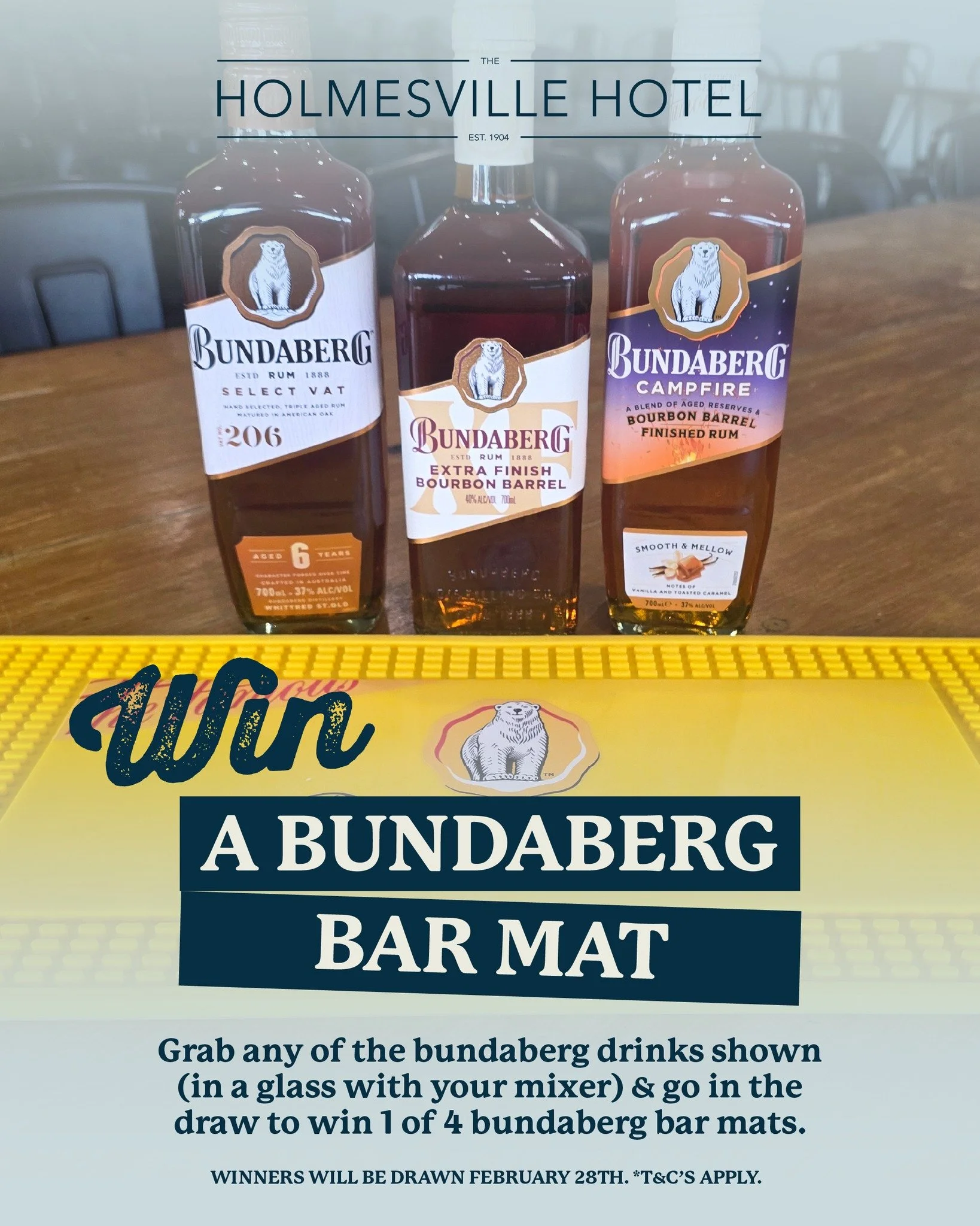 🥃 WIN a Bundaberg Bar Mat! 🍻

Grab any of the Bundaberg drinks shown (served in a glass with your mixer) &amp; you&rsquo;ll go in the draw to win 1 of 4 Bundaberg bar mats 👏

Winners drawn Feb 28. T&amp;Cs apply.