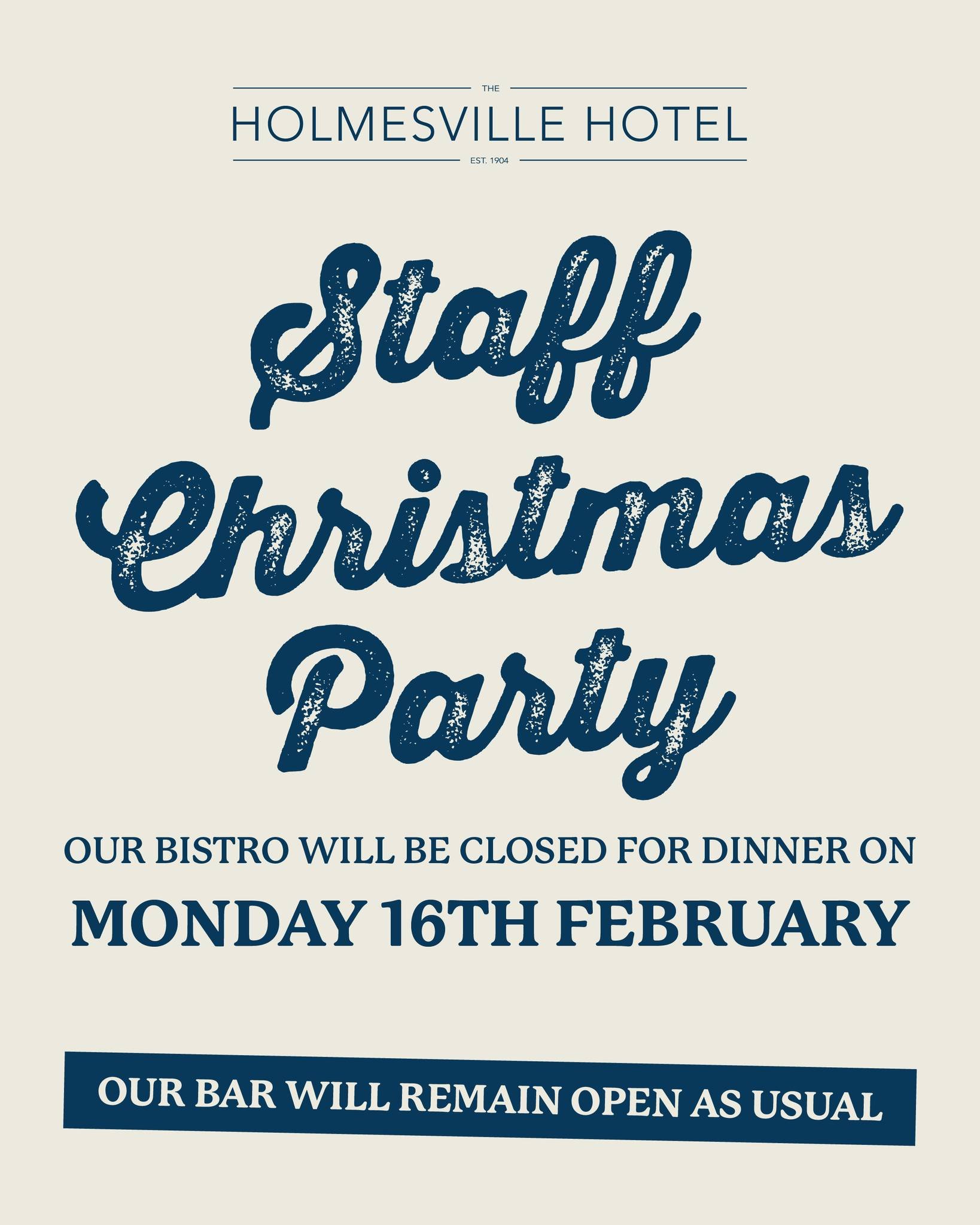 A little night off for the legends behind the scenes 👏

Our bistro will be closed for dinner on Monday 16th February as our team celebrates their Staff Christmas Party 🎄

The good news? The bar will be open as usual, so you can still pop in for a d