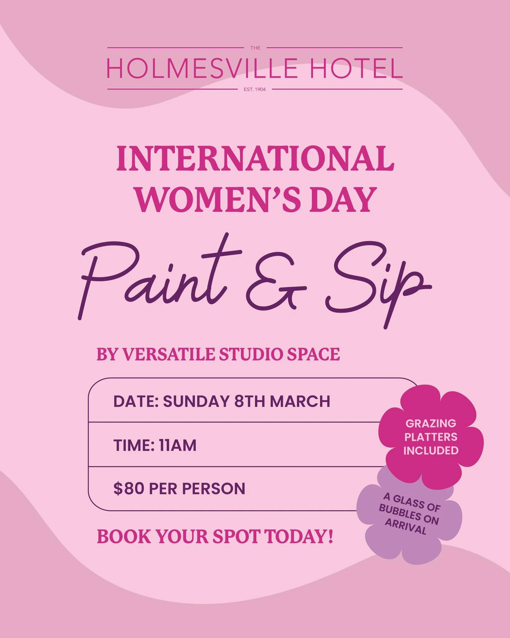 Join us at Holmesville Hotel this International Women&rsquo;s Day for a Paint &amp; Sip morning full of colour, bubbles &amp; great company 🎨🥂

Grazing platters, a glass of bubbles on arrival &amp; a creative session you&rsquo;ll love.

Spots are l