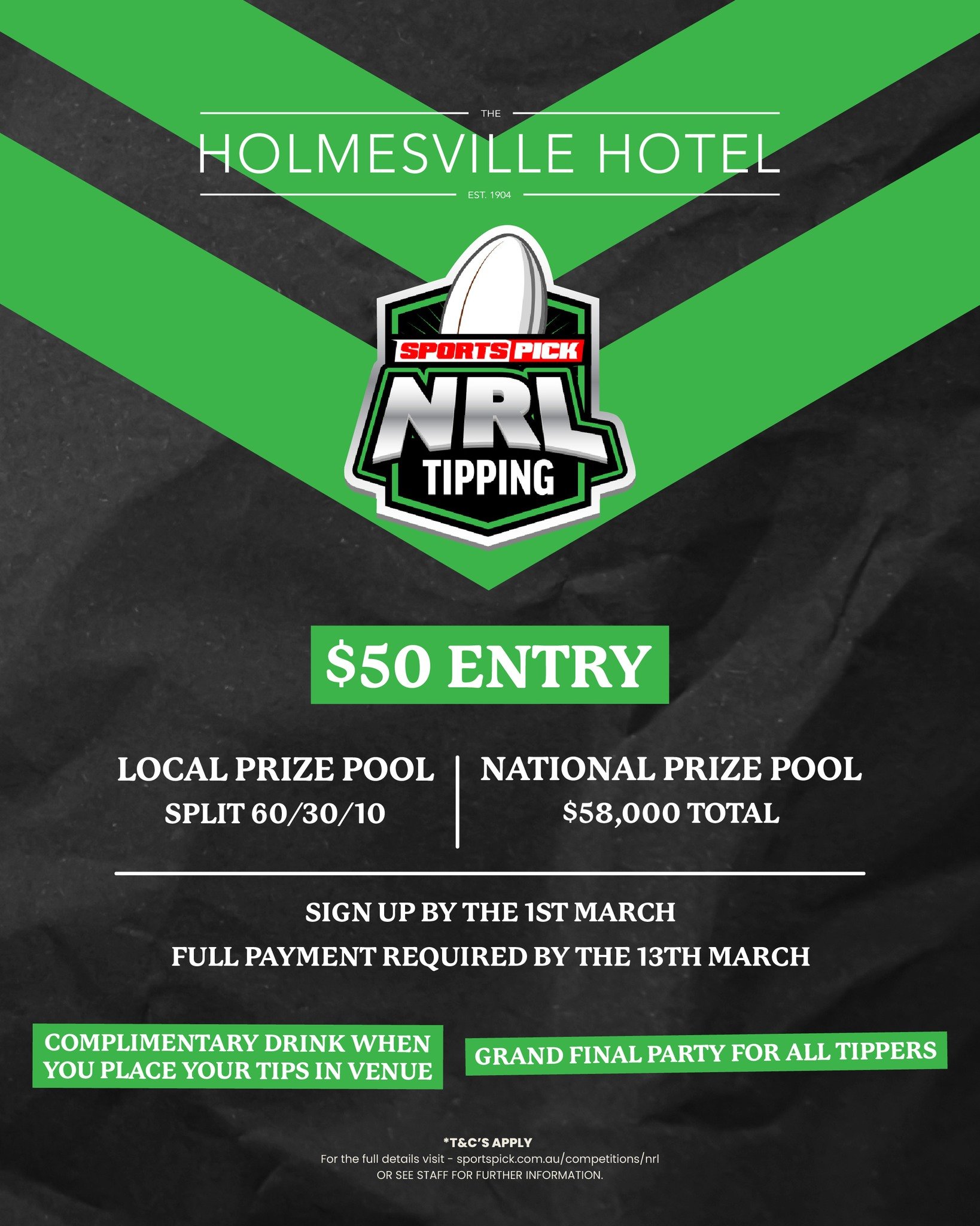 🏉 Footy&rsquo;s almost back &mdash; don&rsquo;t forget to lock in your spot! 🏉

Our NRL Tipping Comp at Holmesville Hotel is filling fast. If you haven&rsquo;t signed up yet, now&rsquo;s the time 👀

✔️ $50 entry
✔️ Complimentary drink when you pla